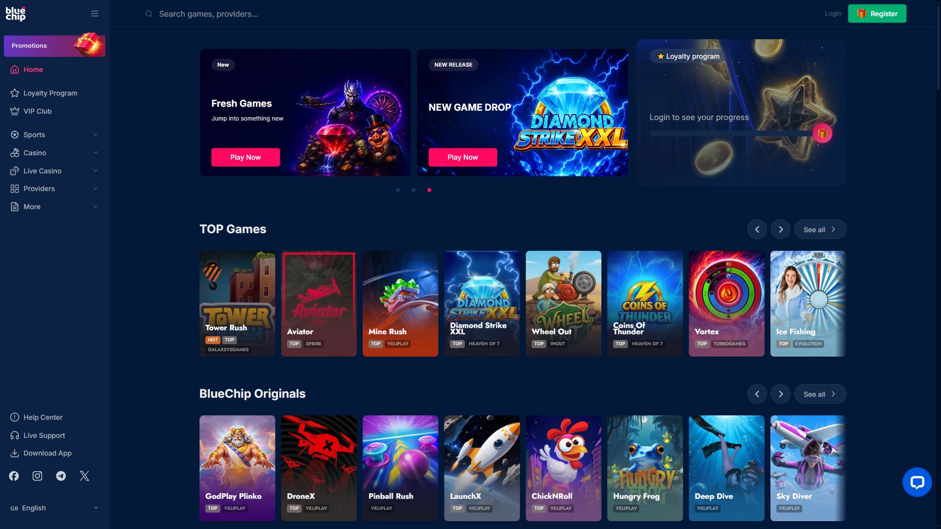 Bluechipcasino — Homepage (Desktop)