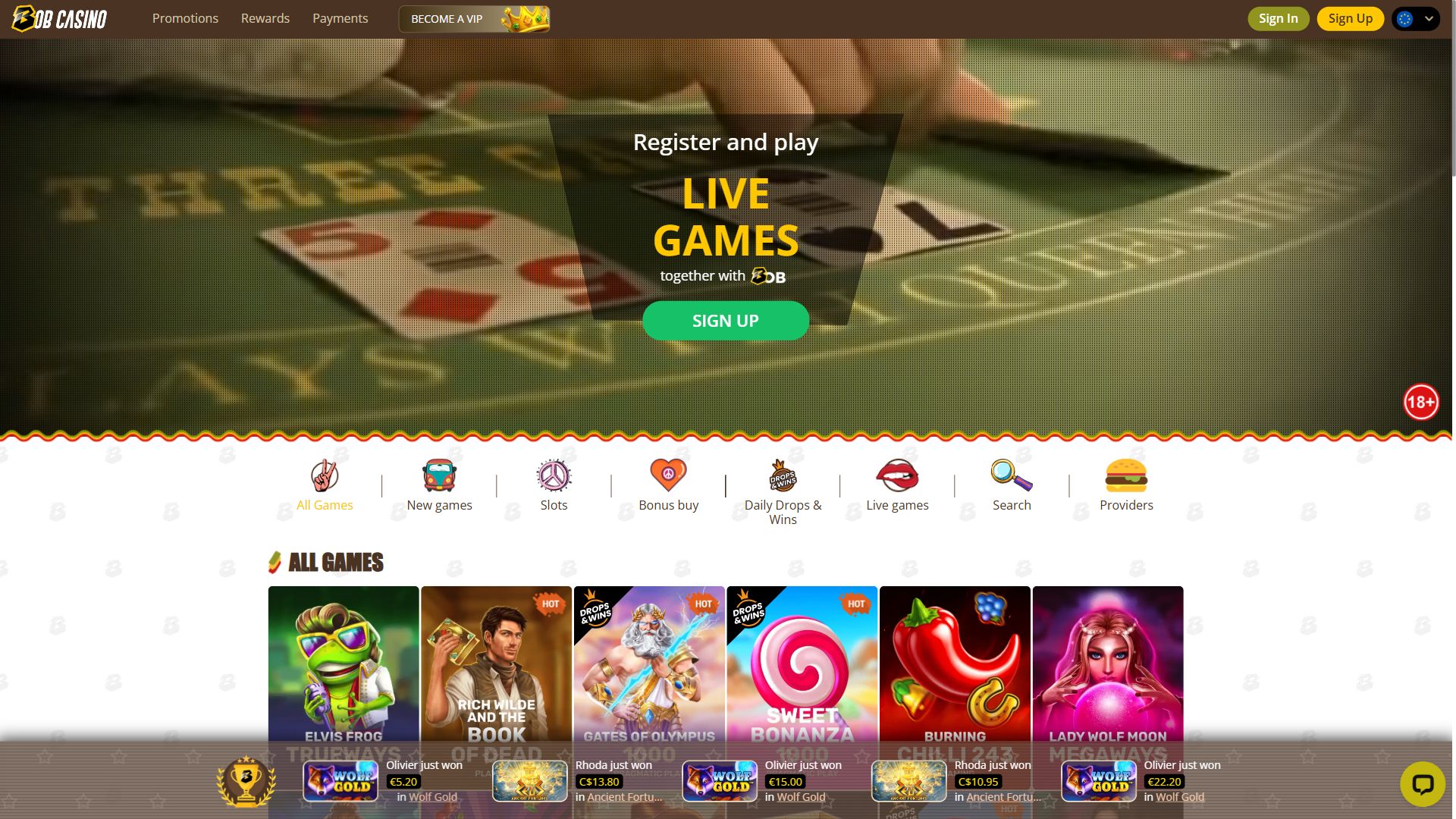 Bob Casino — Lobby (Desktop)