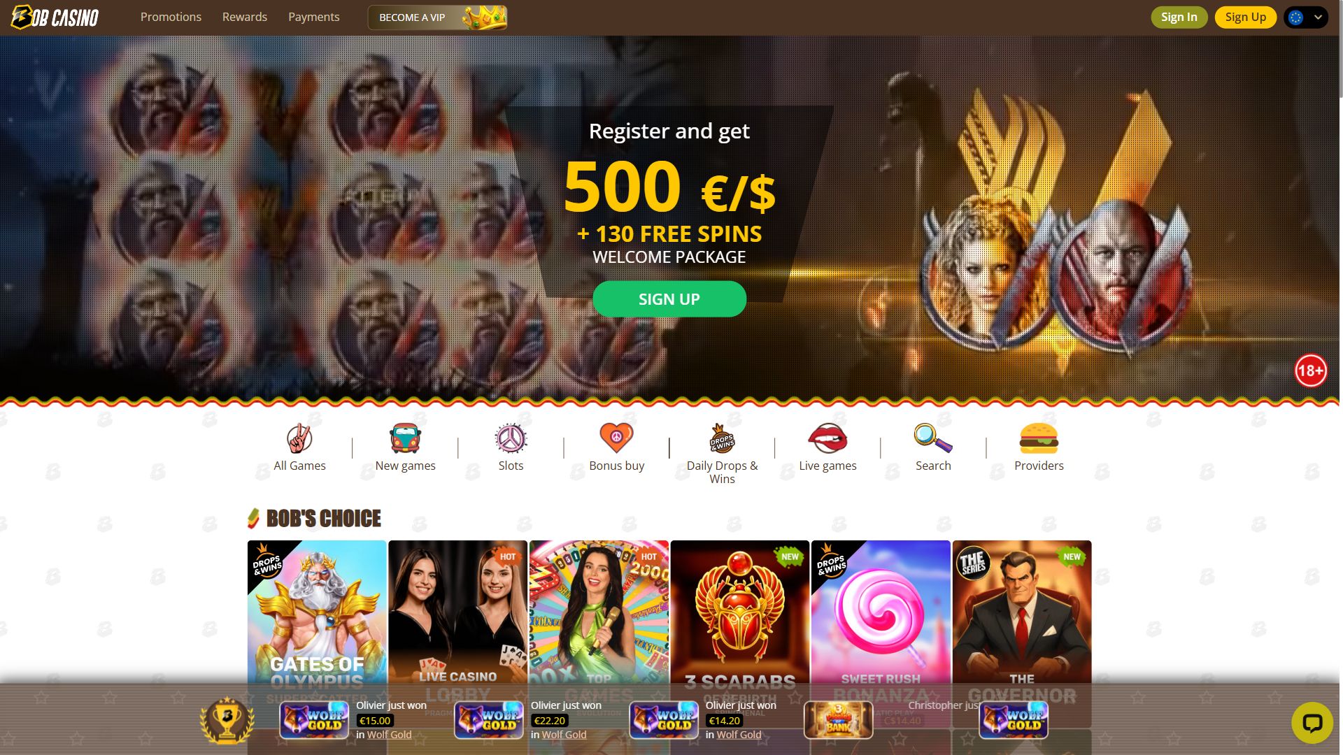Bob Casino — Homepage (Desktop)