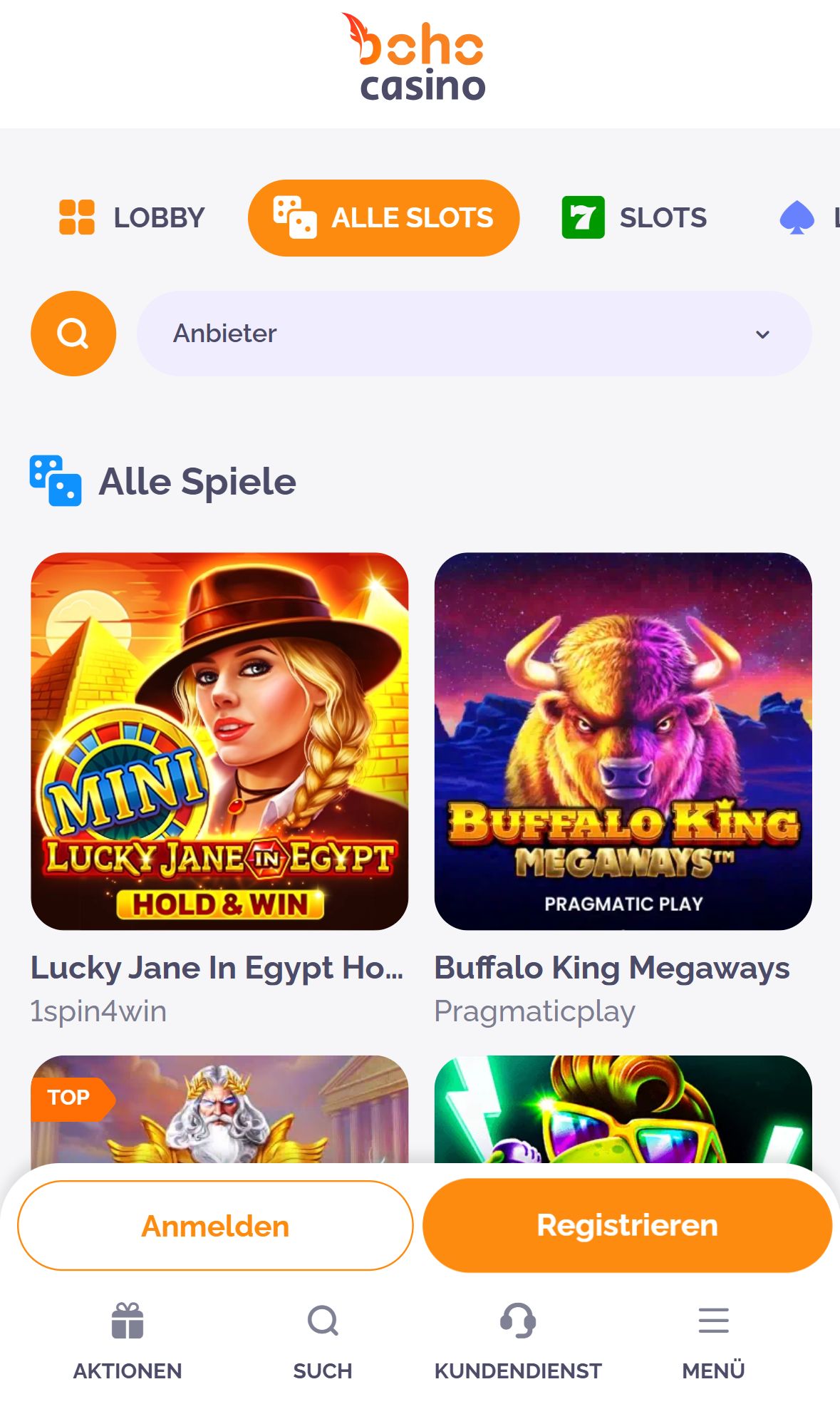 BOHO Casino — Lobby (Mobil)