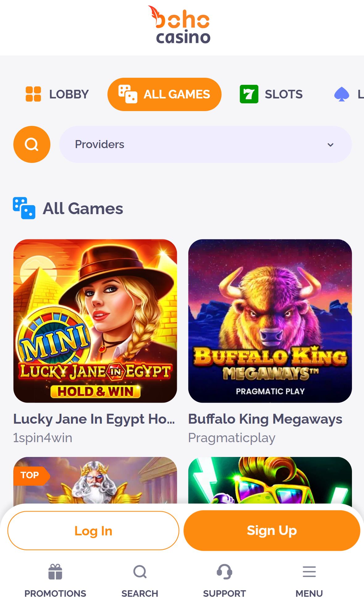 BOHO Casino — Lobby (Mobile)
