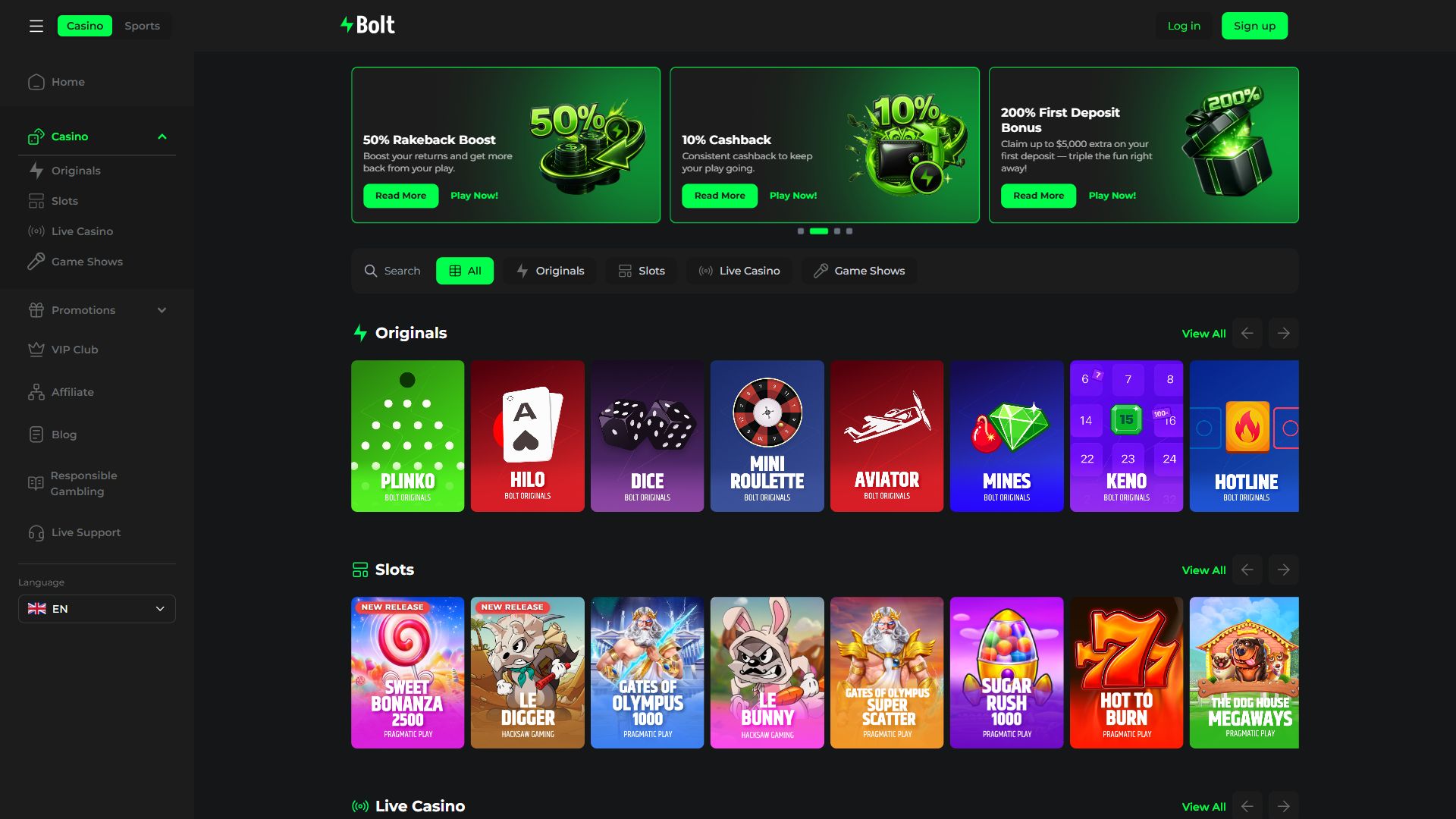Bolt Casino — Lobby (Desktop)