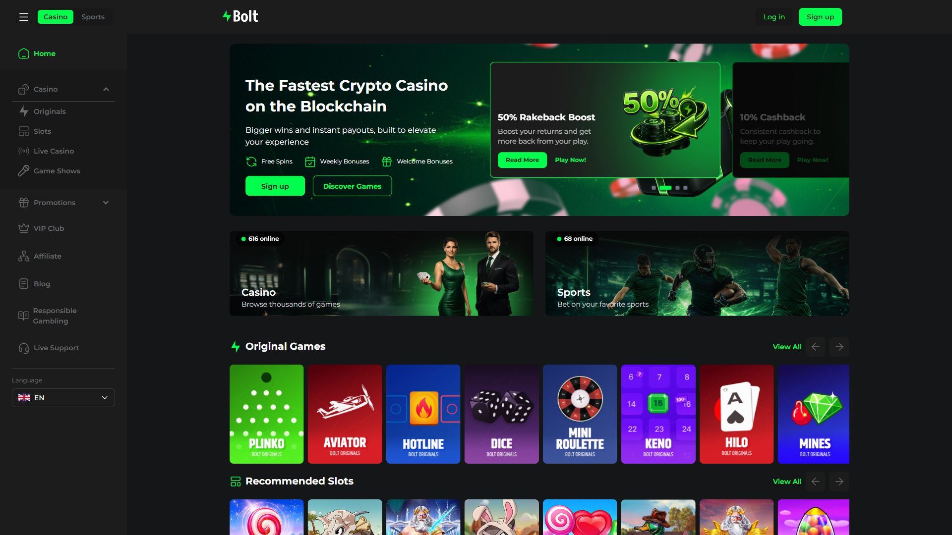 Bolt Casino — Homepage (Desktop)