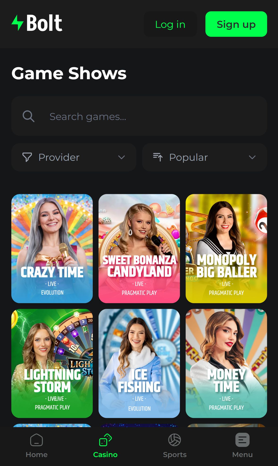 Bolt Casino — Lobby (Mobile)