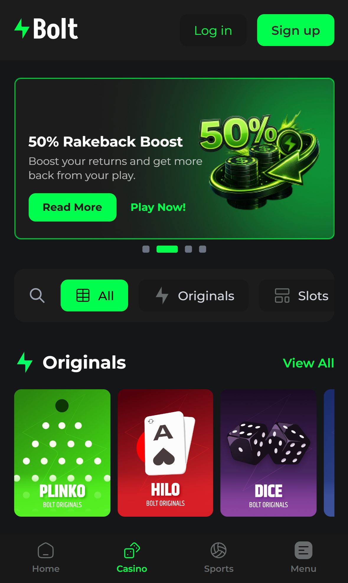 Bolt Casino — Homepage (Mobile)