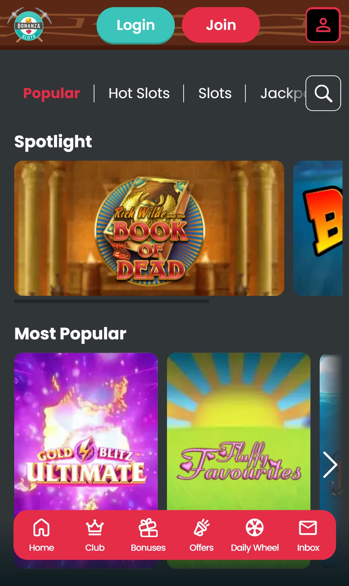 Bonanza Slots — Lobby (Mobile)