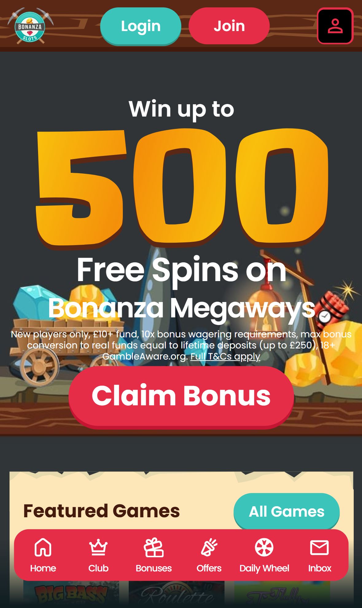 Bonanza Slots — Homepage (Mobile)