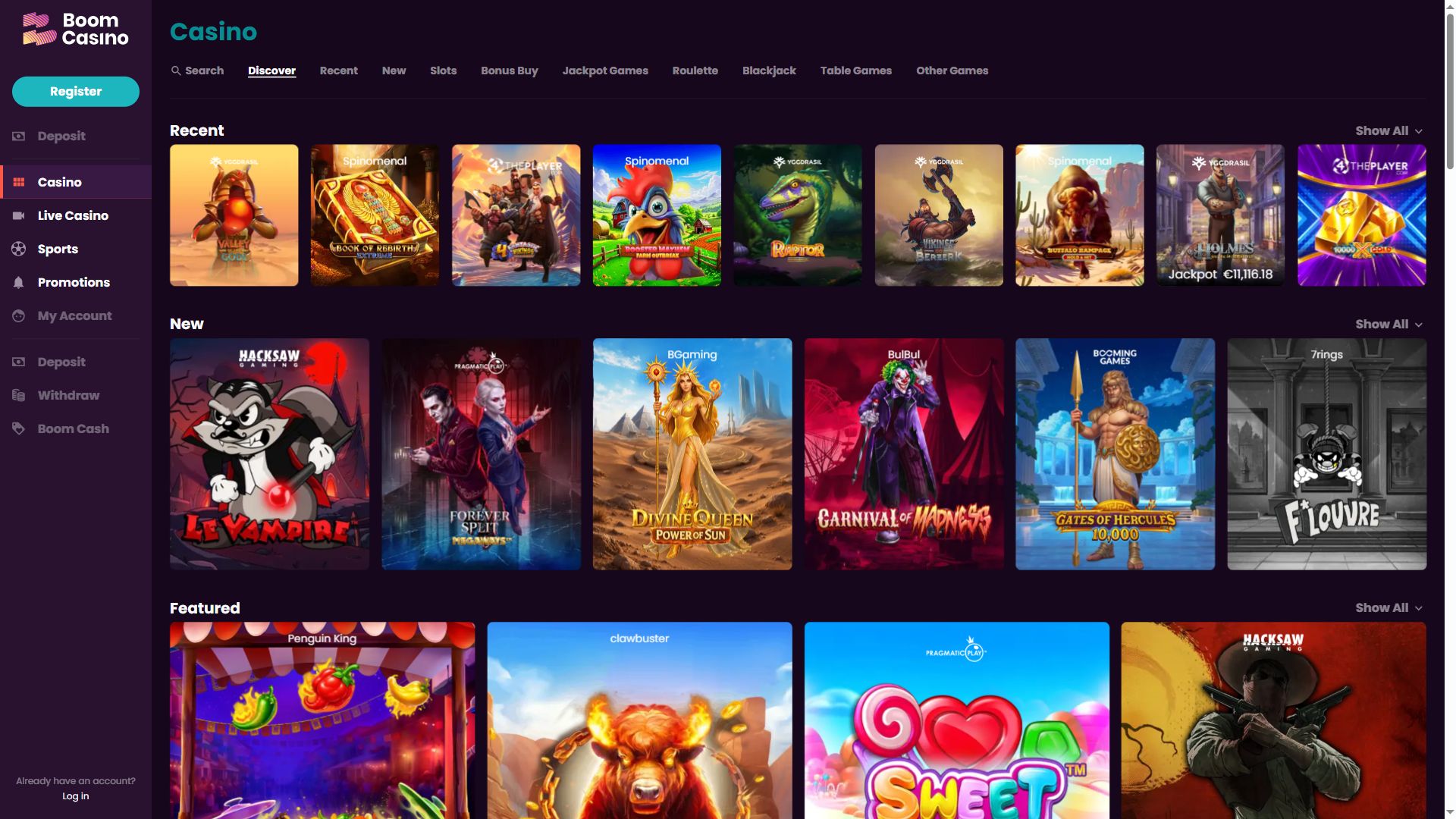 Boom Casino — Lobby (Desktop)