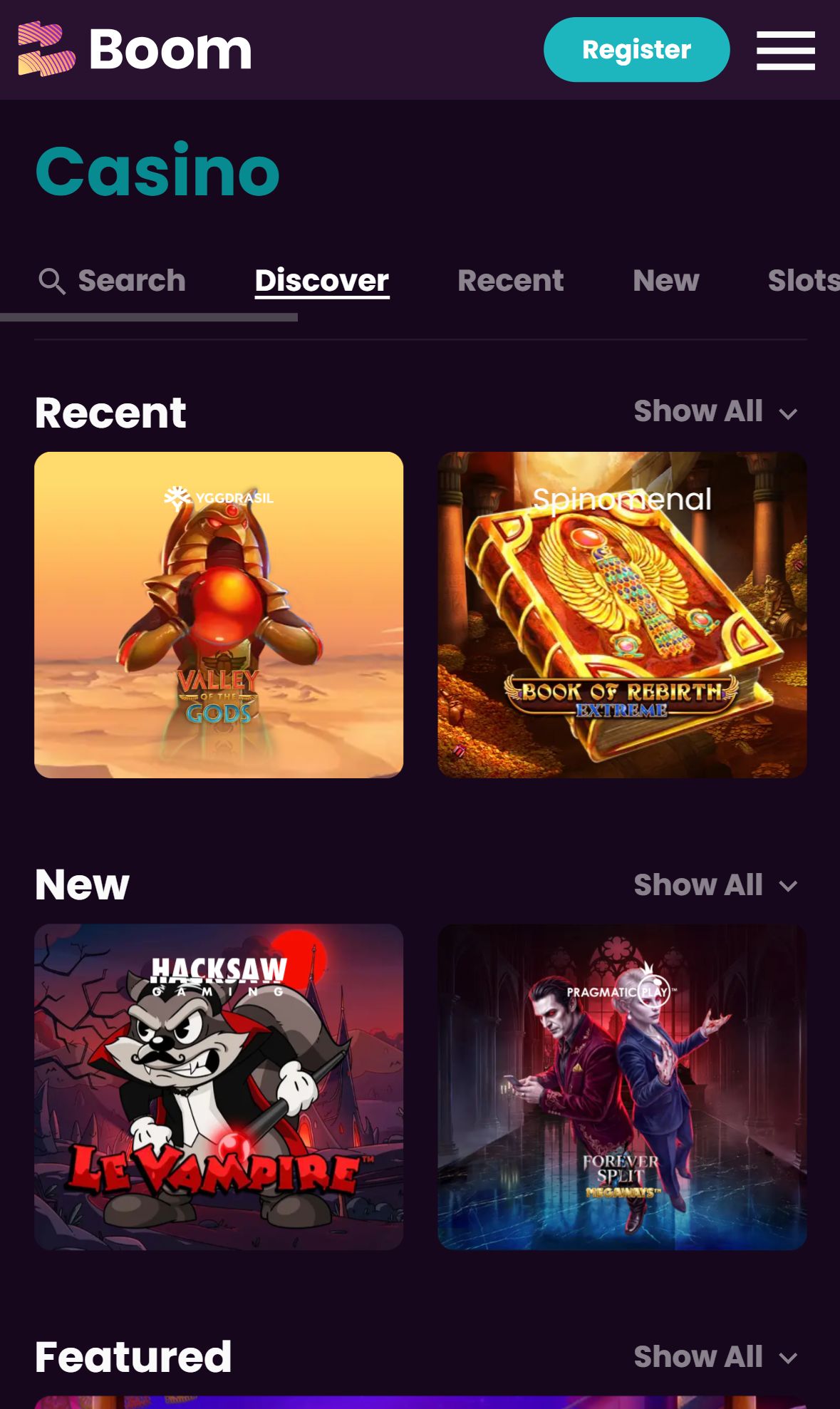 Boom Casino — Lobby (Mobile)
