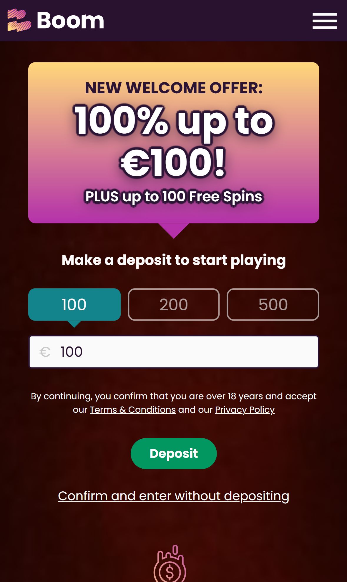 Boom Casino — Homepage (Mobile)
