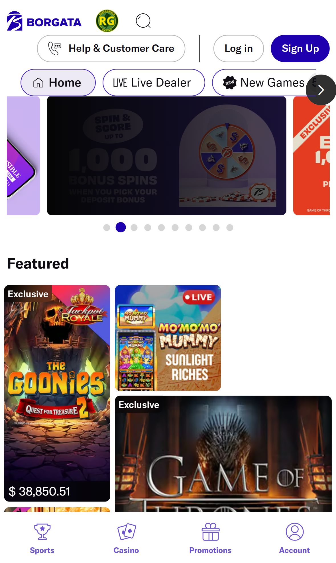 Borgataonline — Homepage (Mobile)