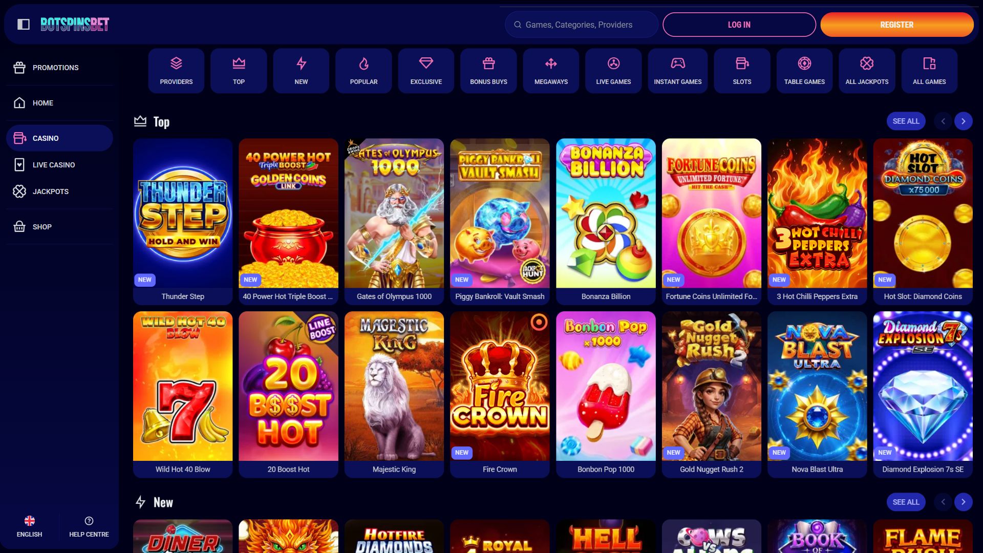 BotSpinsBet — Lobby (Desktop)