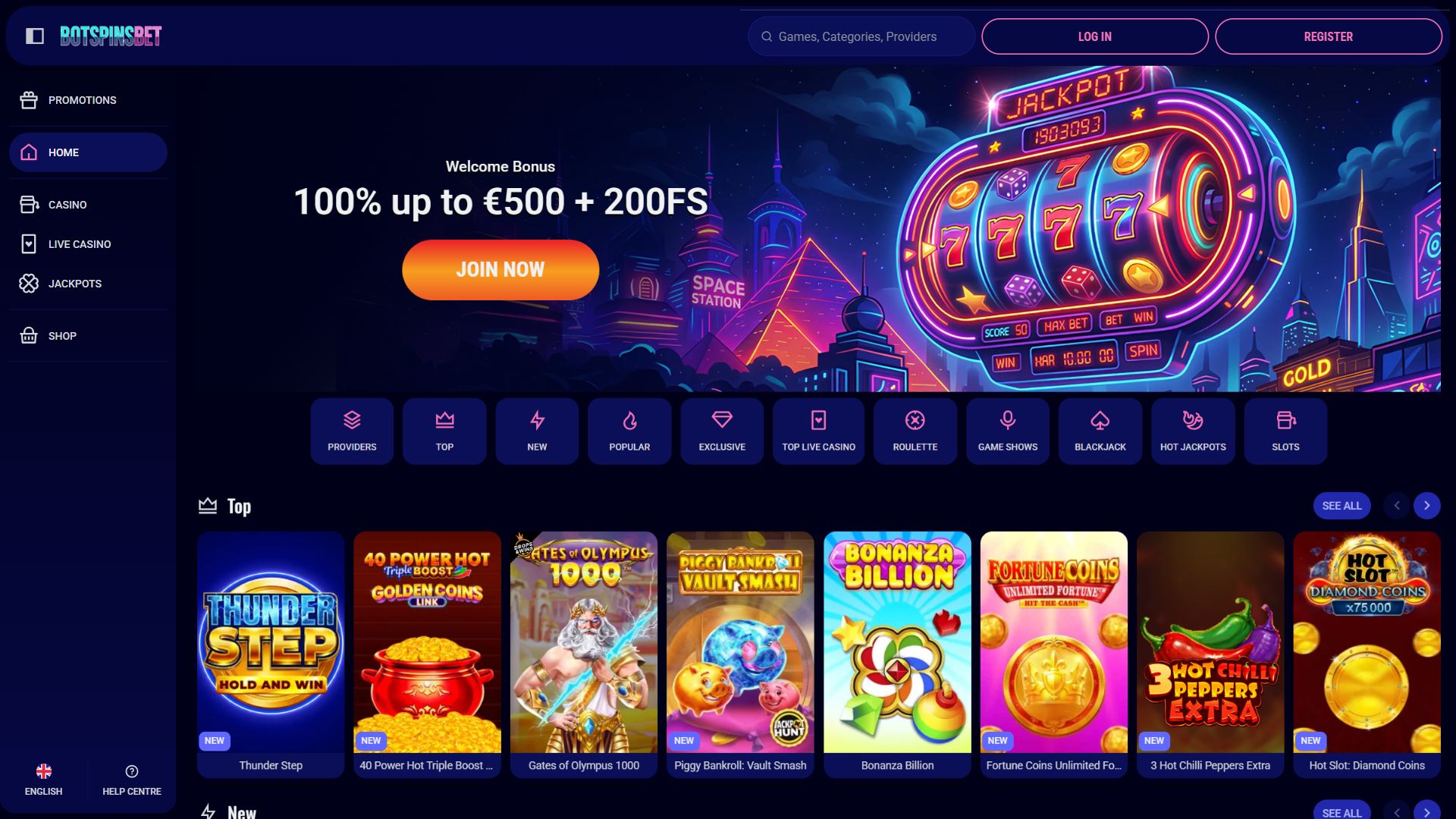 BotSpinsBet — Homepage (Desktop)