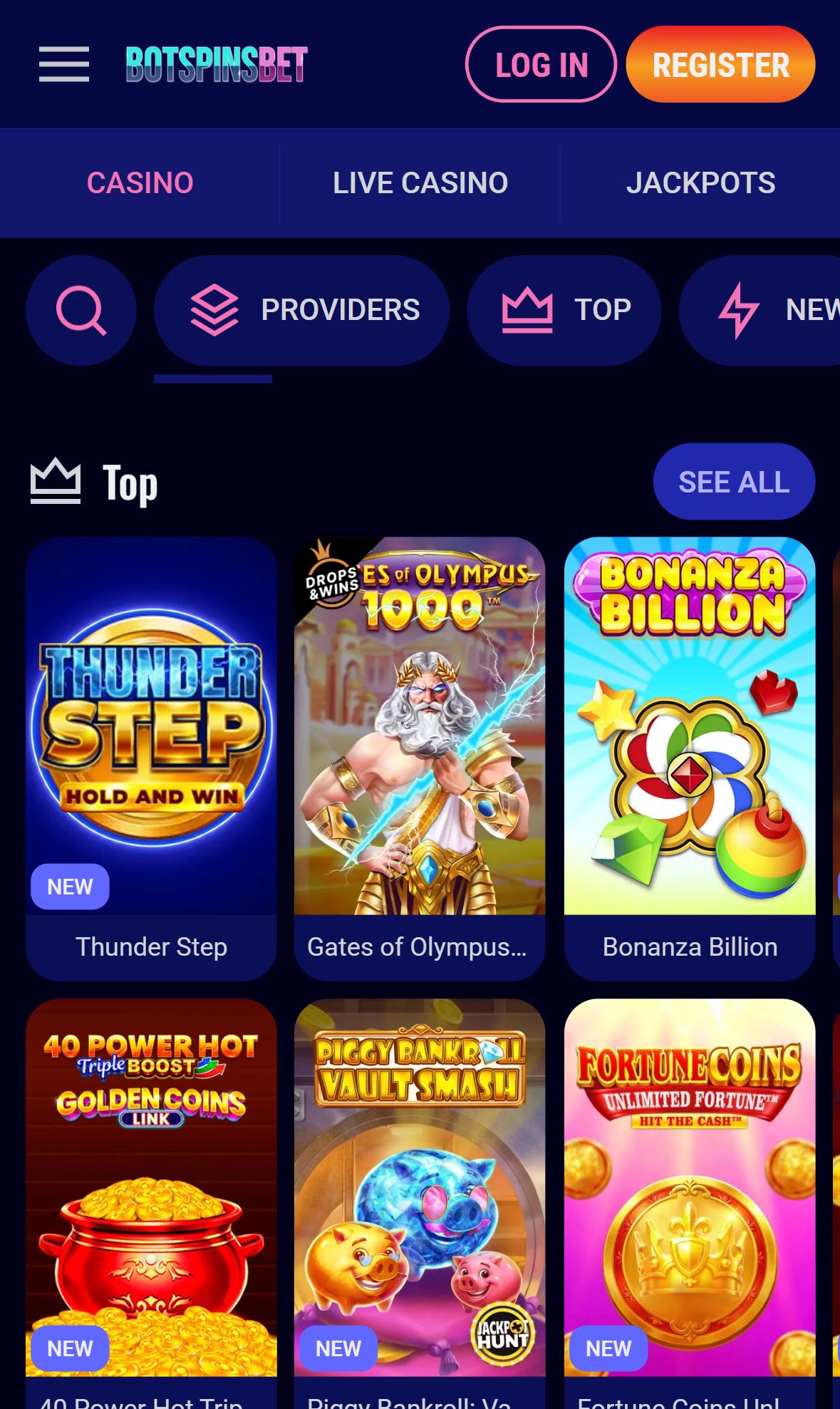 BotSpinsBet — Lobby (Mobile)