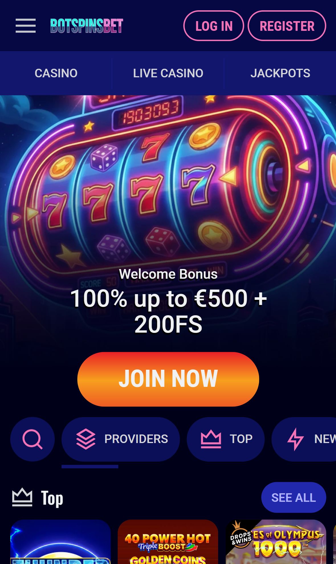 BotSpinsBet — Homepage (Mobile)