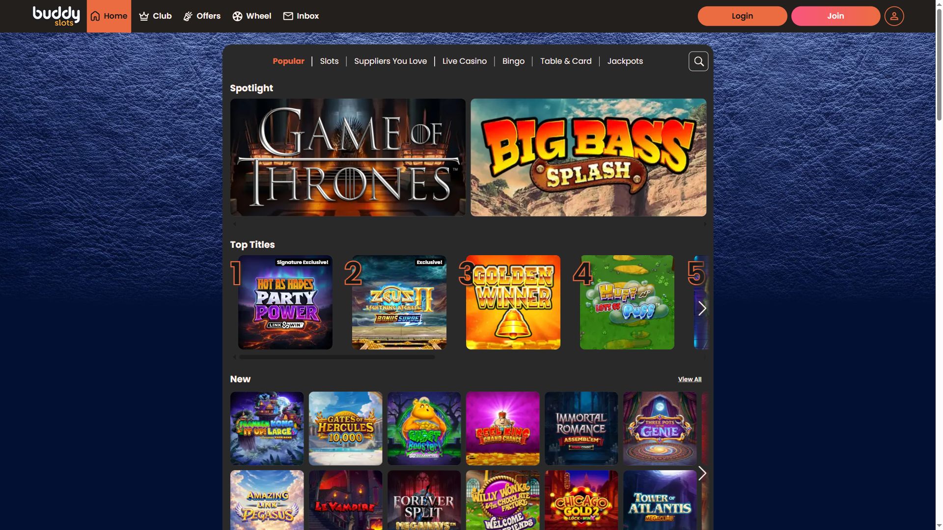 Buddyslots — Lobby (Desktop)