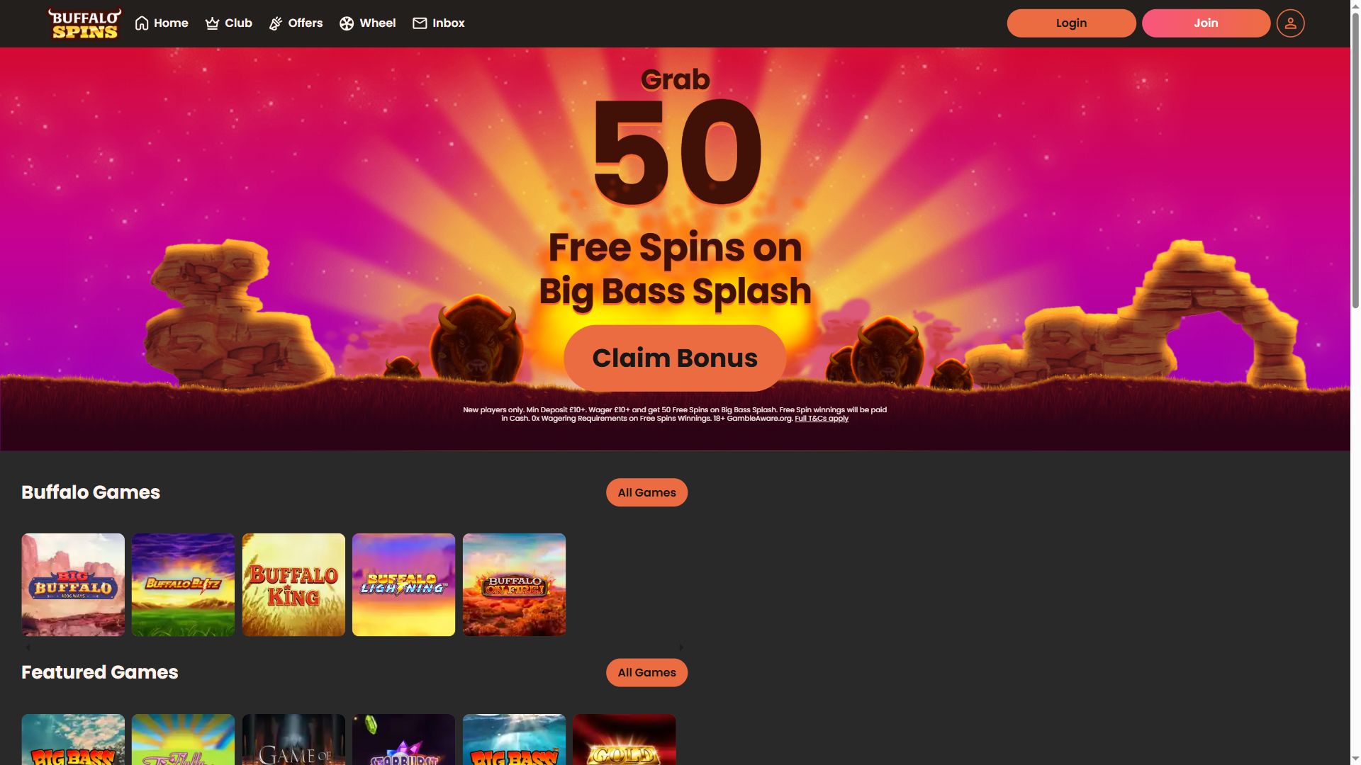 Buffalo Spins — Homepage (Desktop)