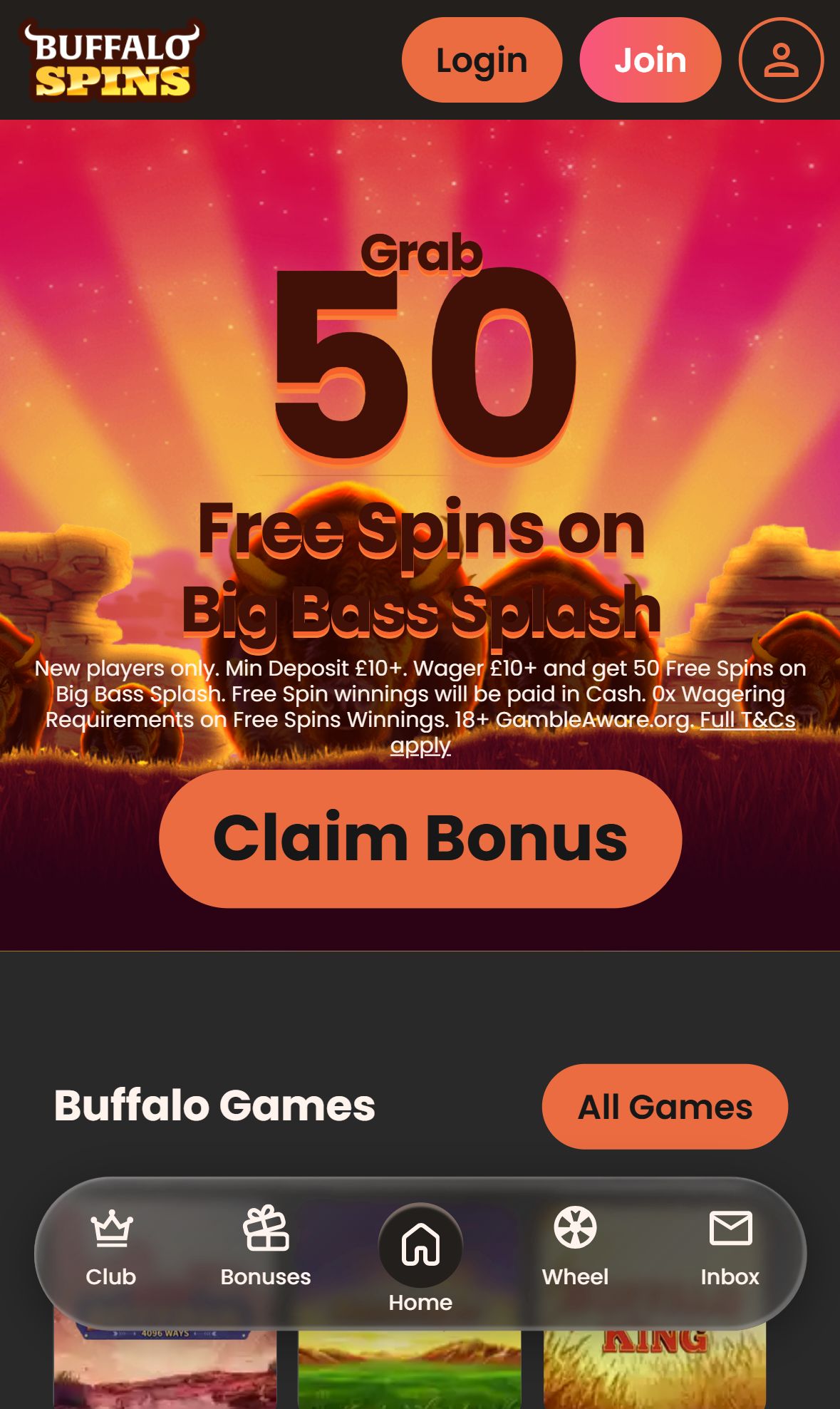 Buffalo Spins — Homepage (Mobile)