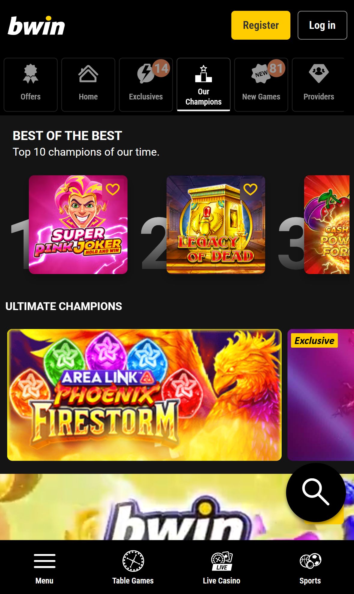 bwin Casino — Lobby (Mobile)