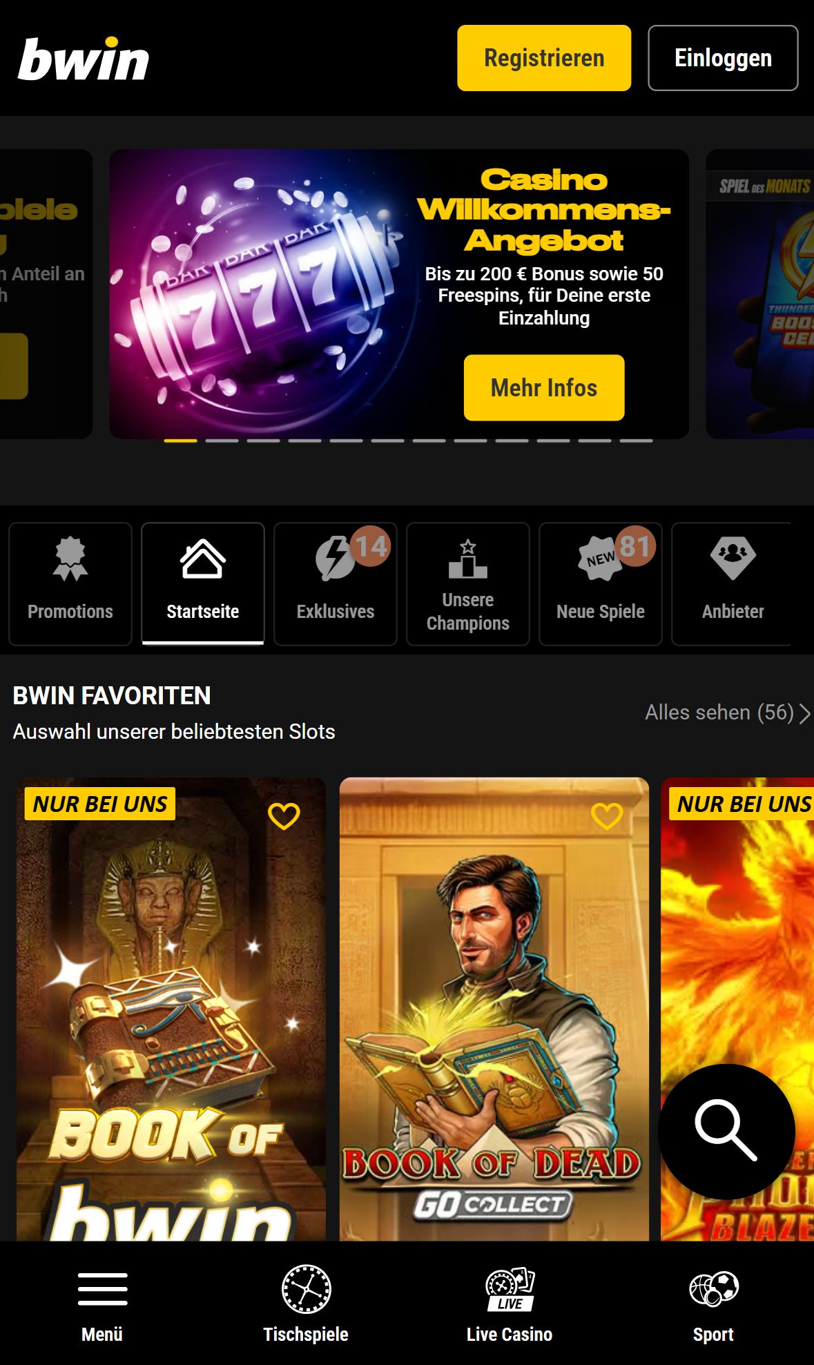 bwin Casino — Startseite (Mobil)