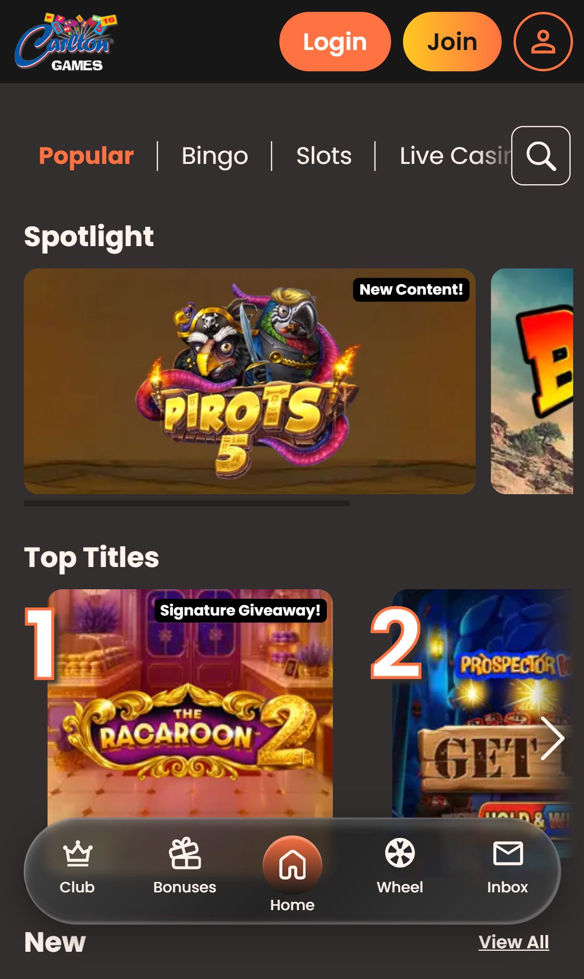 Carlton Games — Lobby (Mobile)