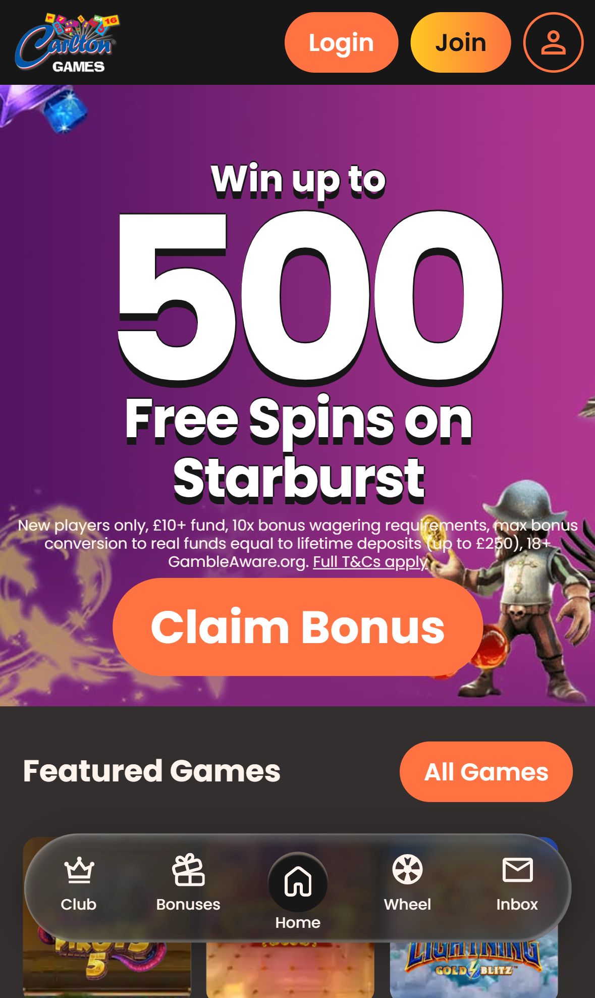 Carlton Games — Homepage (Mobile)
