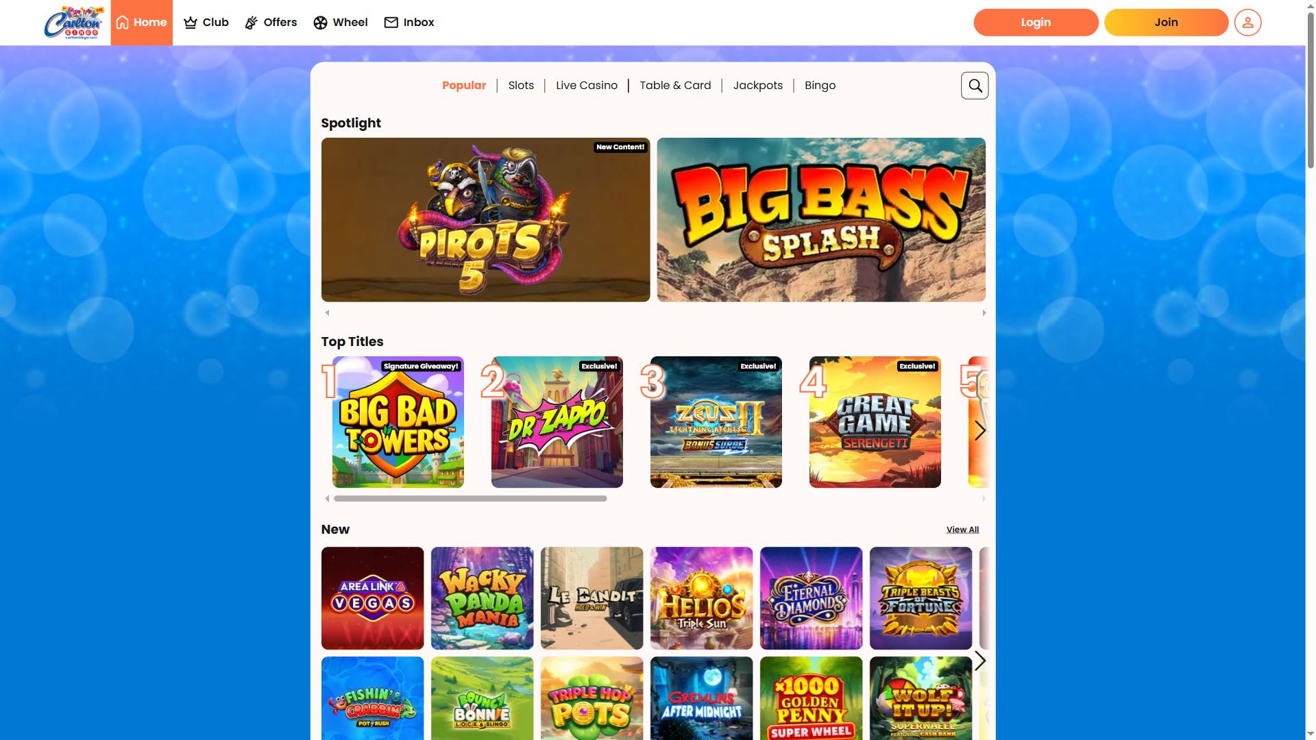Carlton Bingo — Lobby (Desktop)