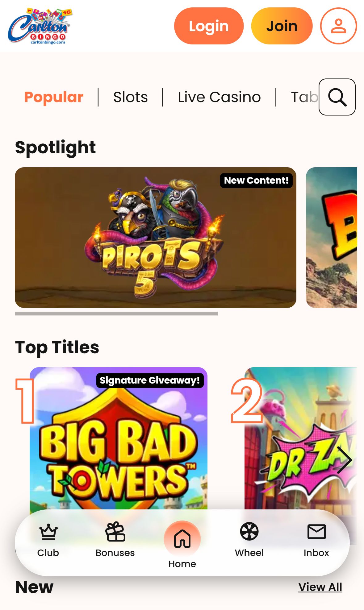 Carlton Bingo — Lobby (Mobile)