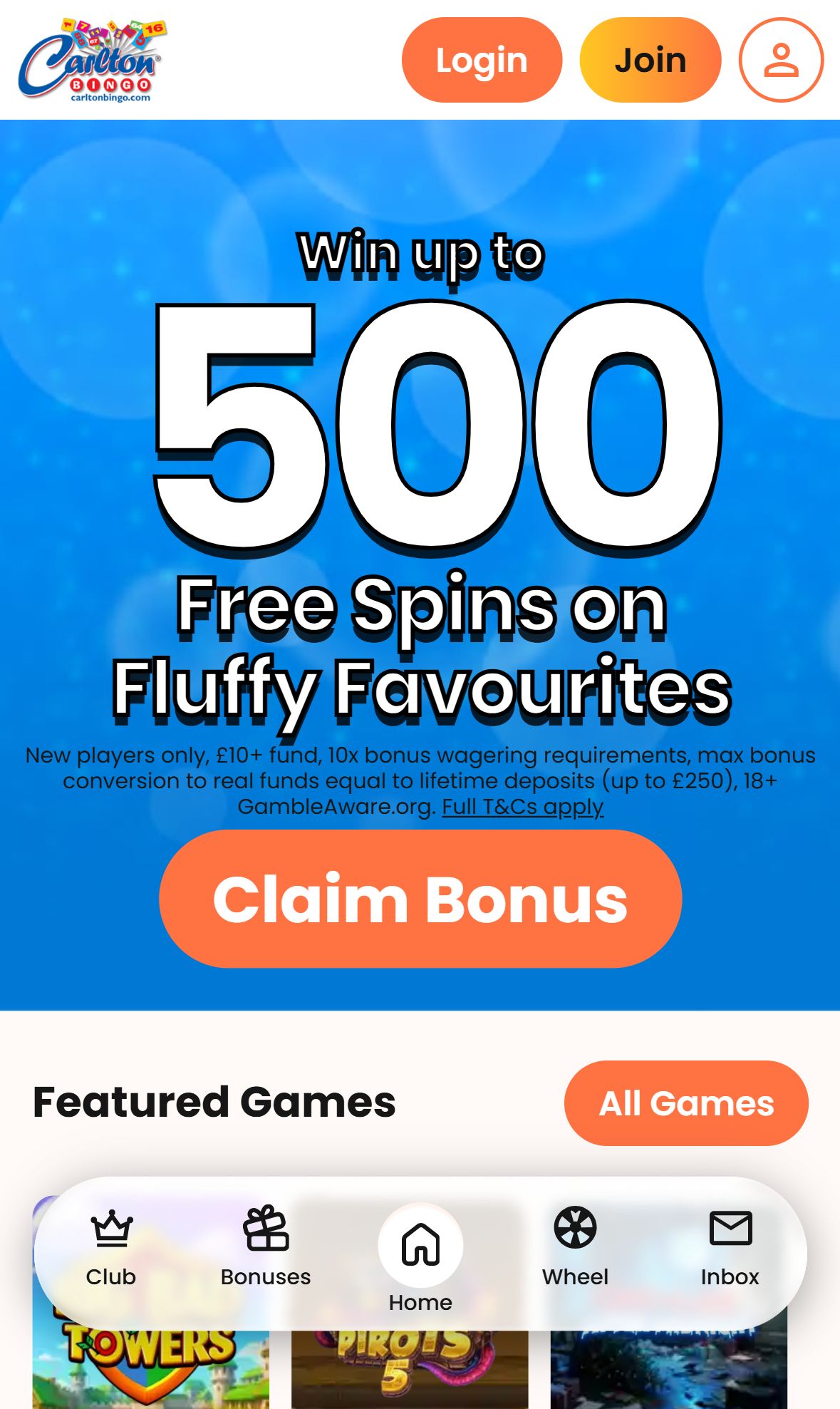 Carlton Bingo — Homepage (Mobile)