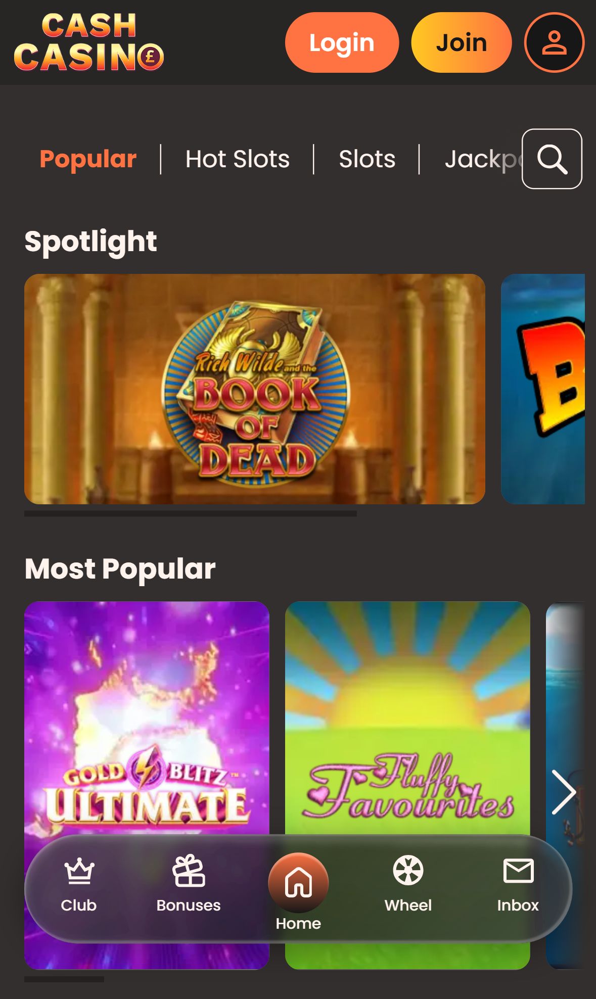 Cash Casino — Lobby (Mobile)