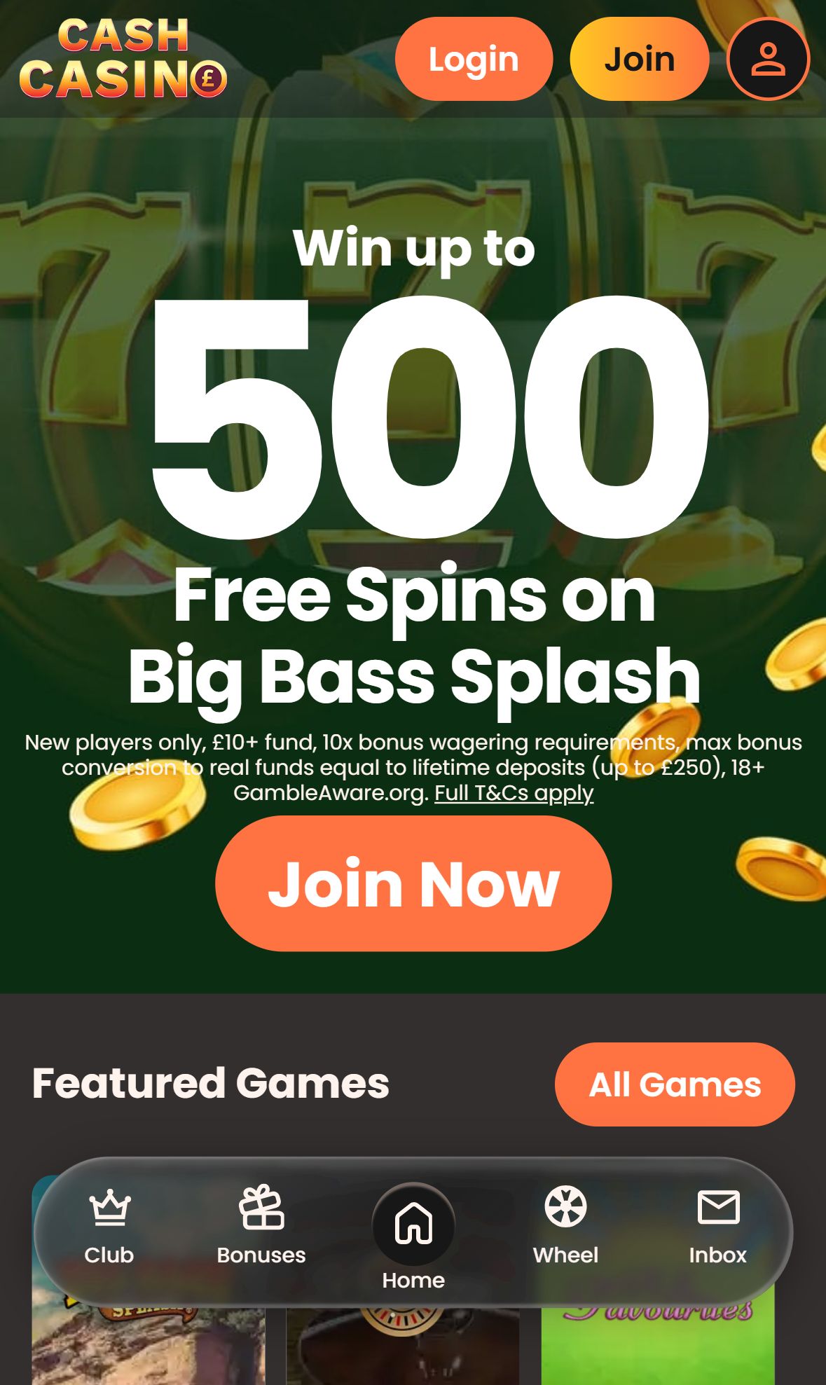 Cash Casino — Homepage (Mobile)
