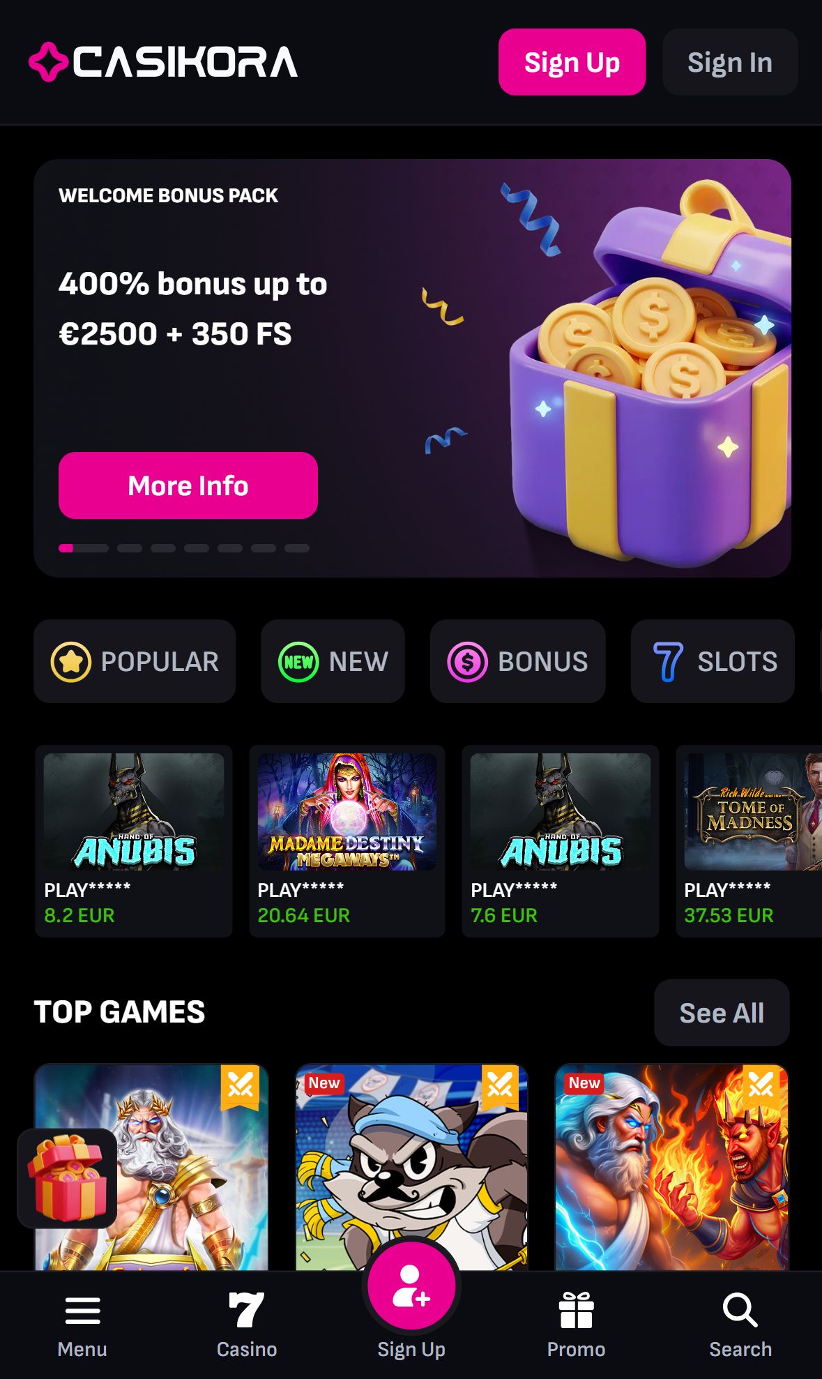 Casikora — Homepage (Mobile)