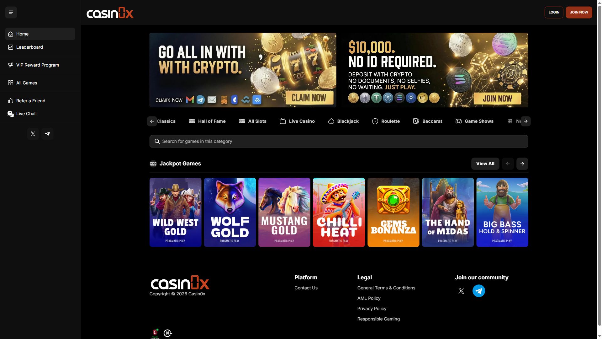 Casin0X — Lobby (Desktop)