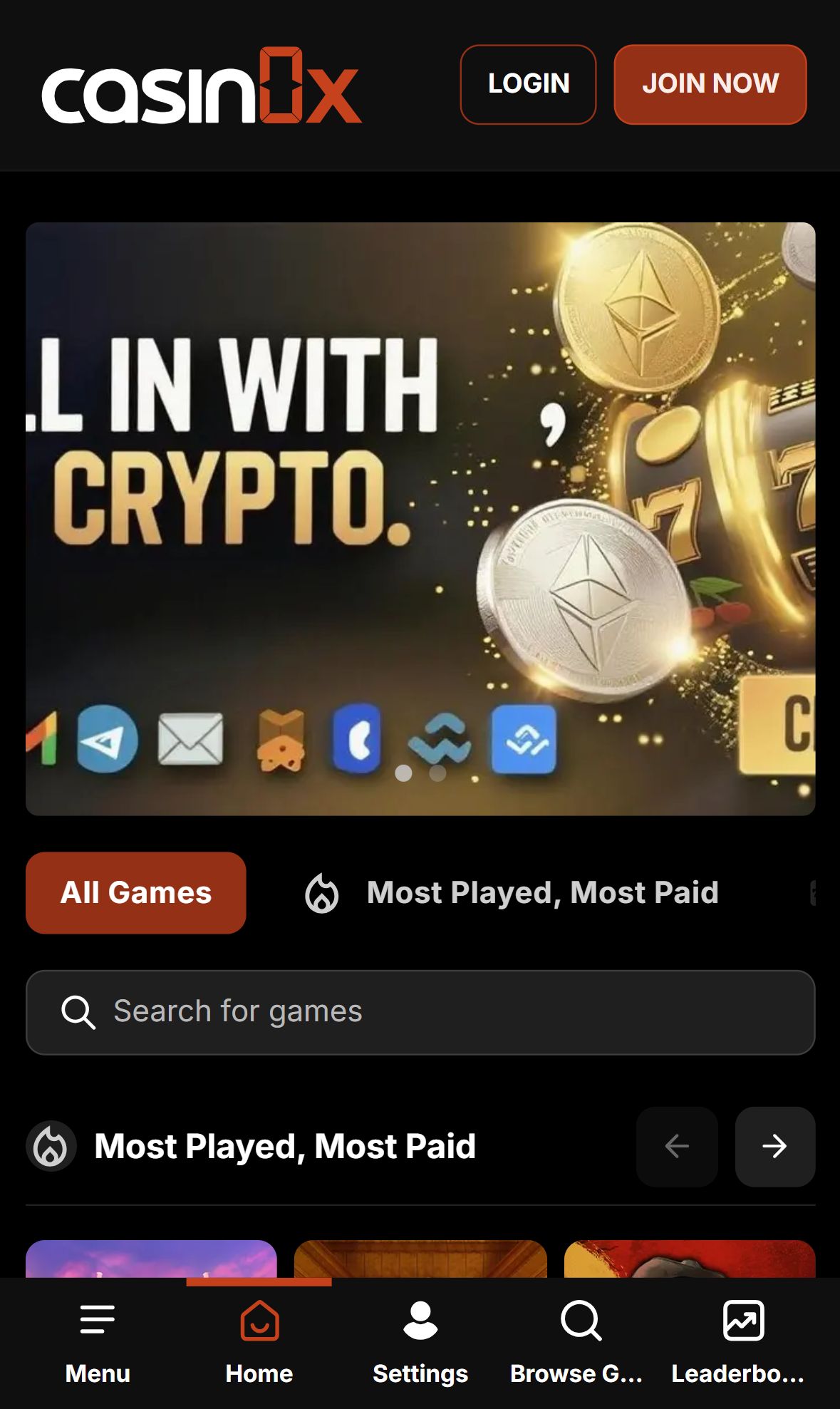 Casin0X — Homepage (Mobile)