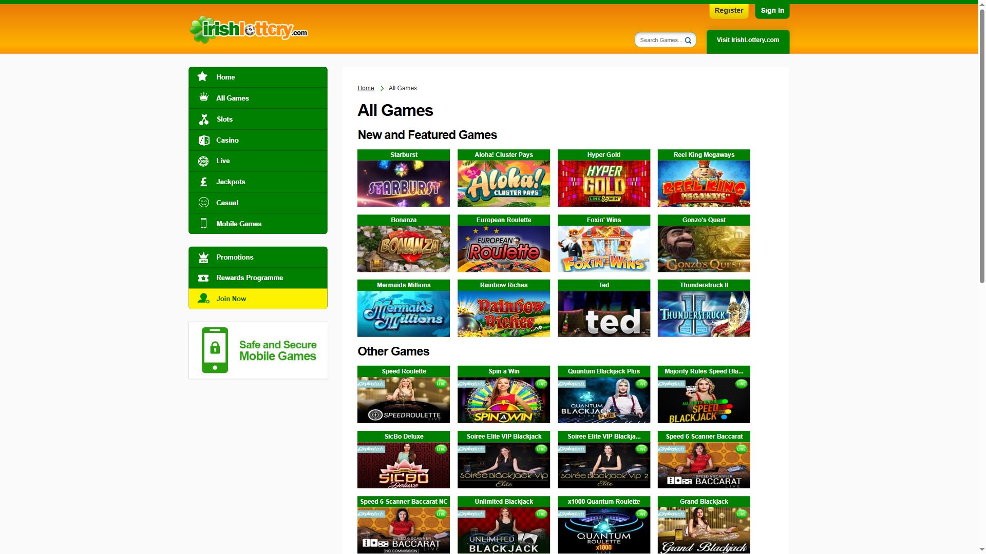 Irish Lottery Casino — Lobby (Desktop)