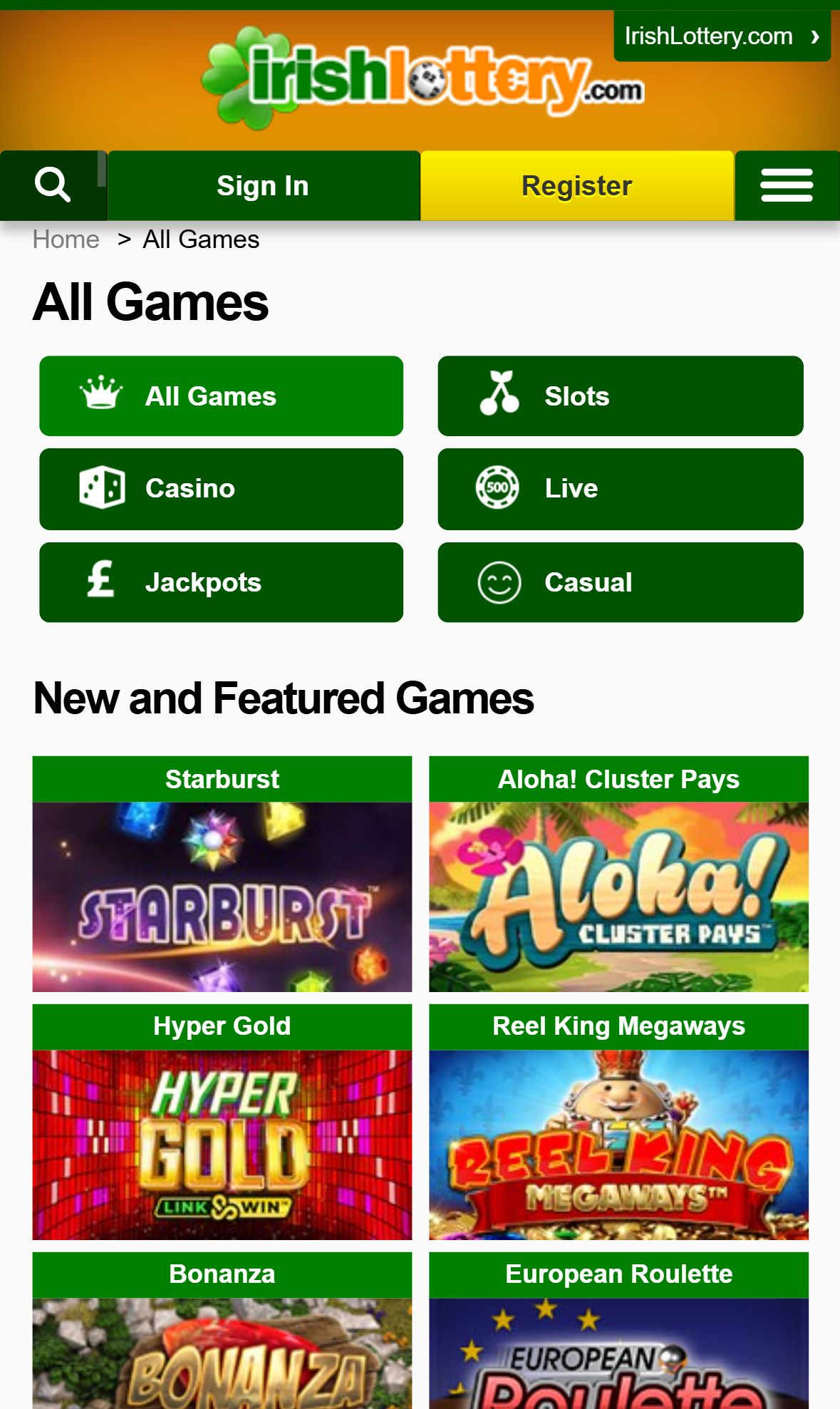 Irish Lottery Casino — Lobby (Mobile)