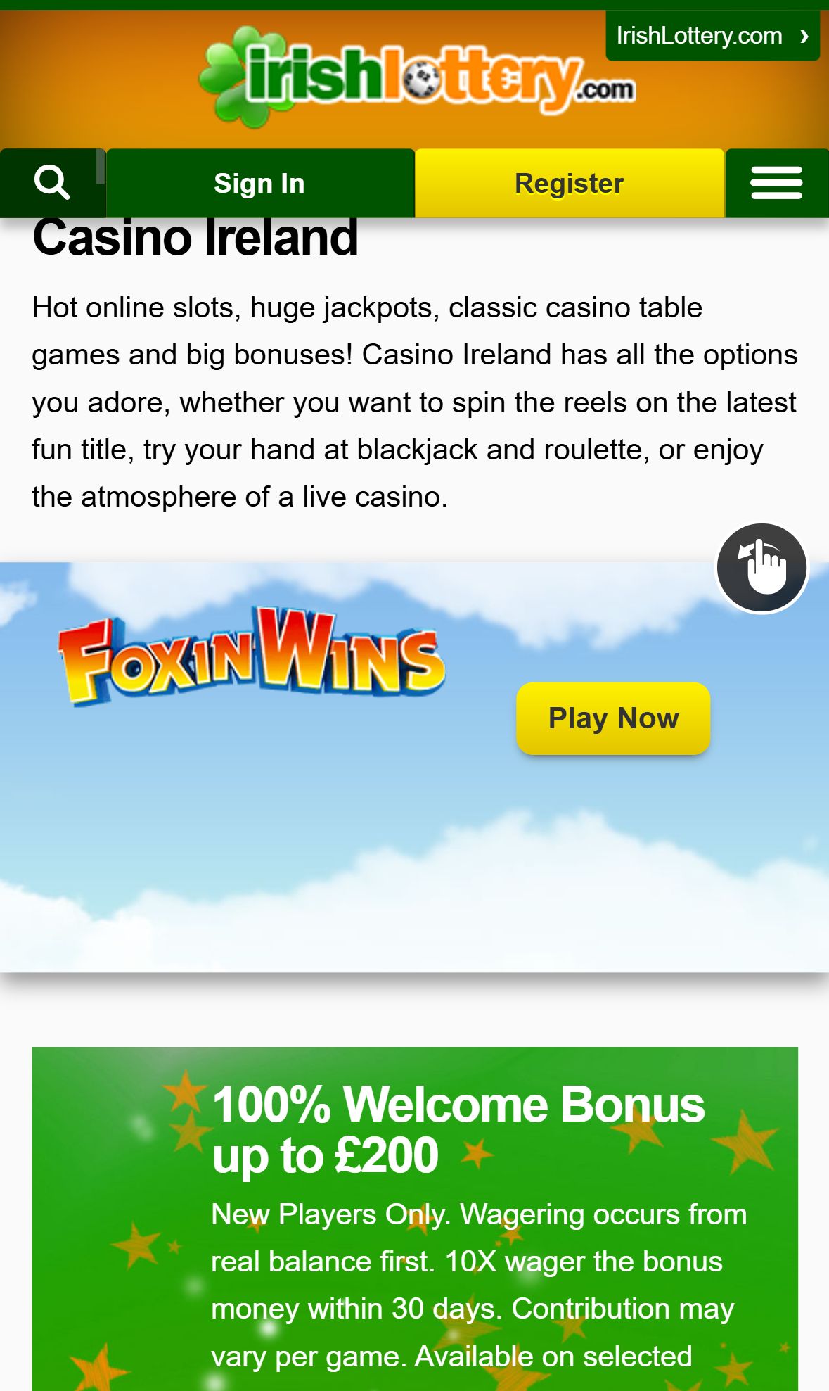 Irish Lottery Casino — Homepage (Mobile)