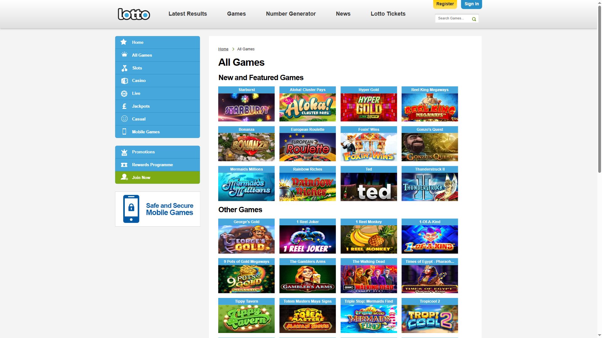 Lotto Games — Lobby (Desktop)