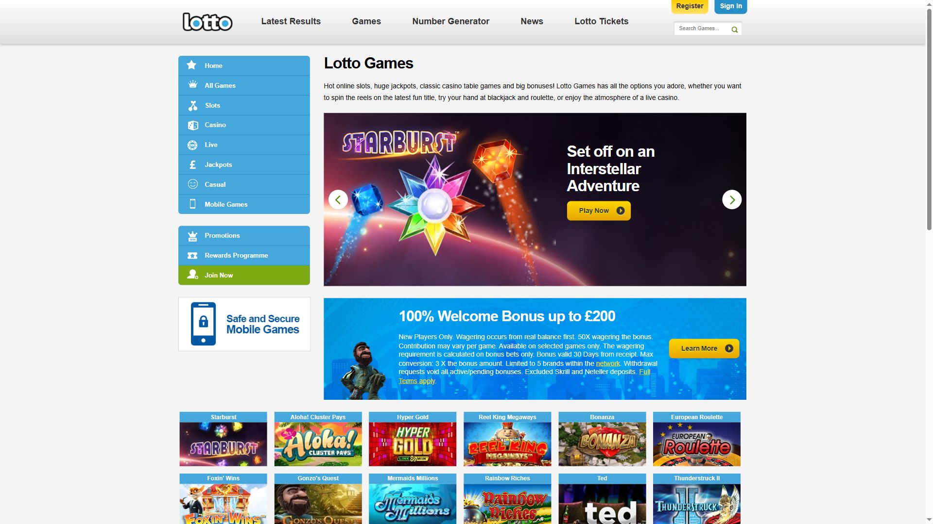 Lotto Games — Homepage (Desktop)