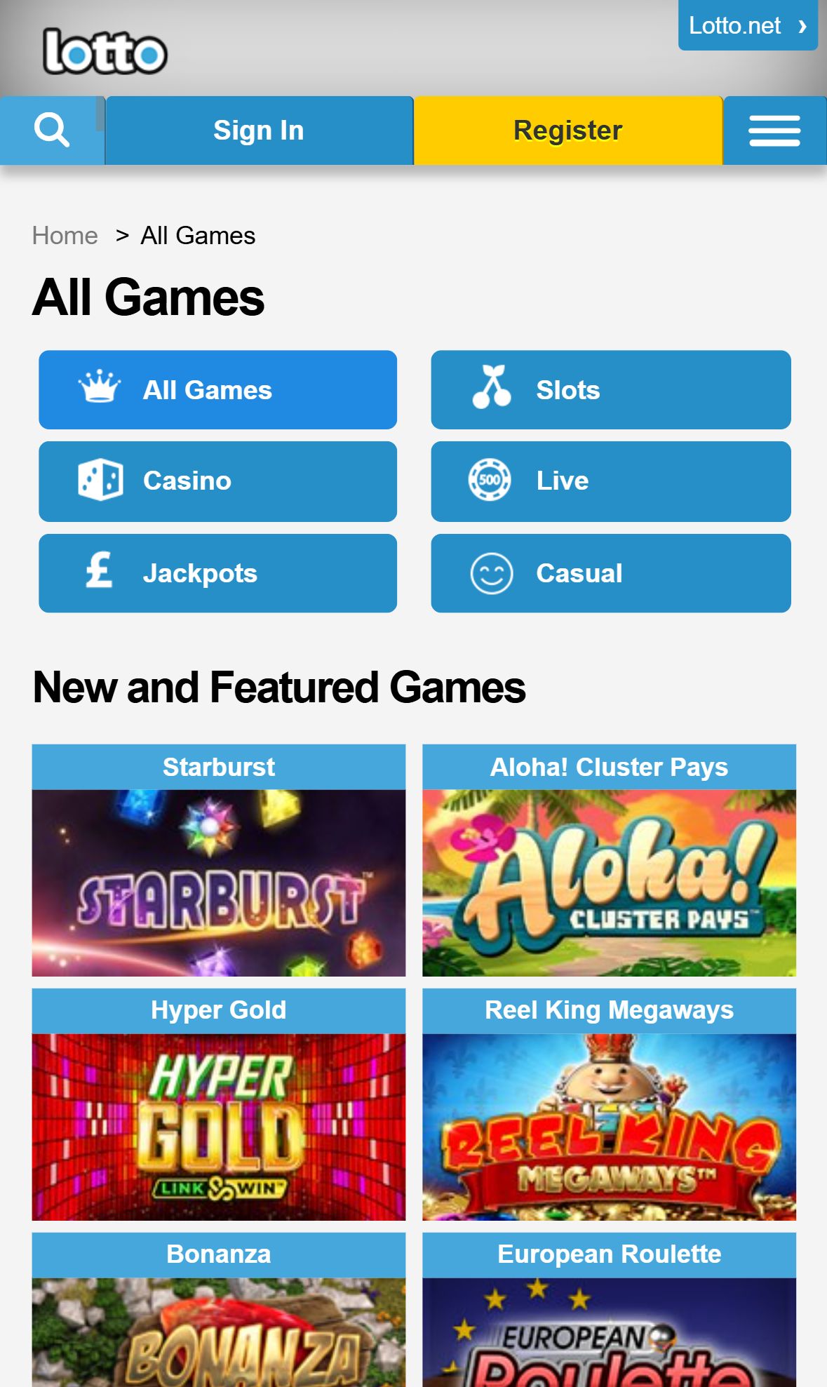 Lotto Games — Lobby (Mobile)