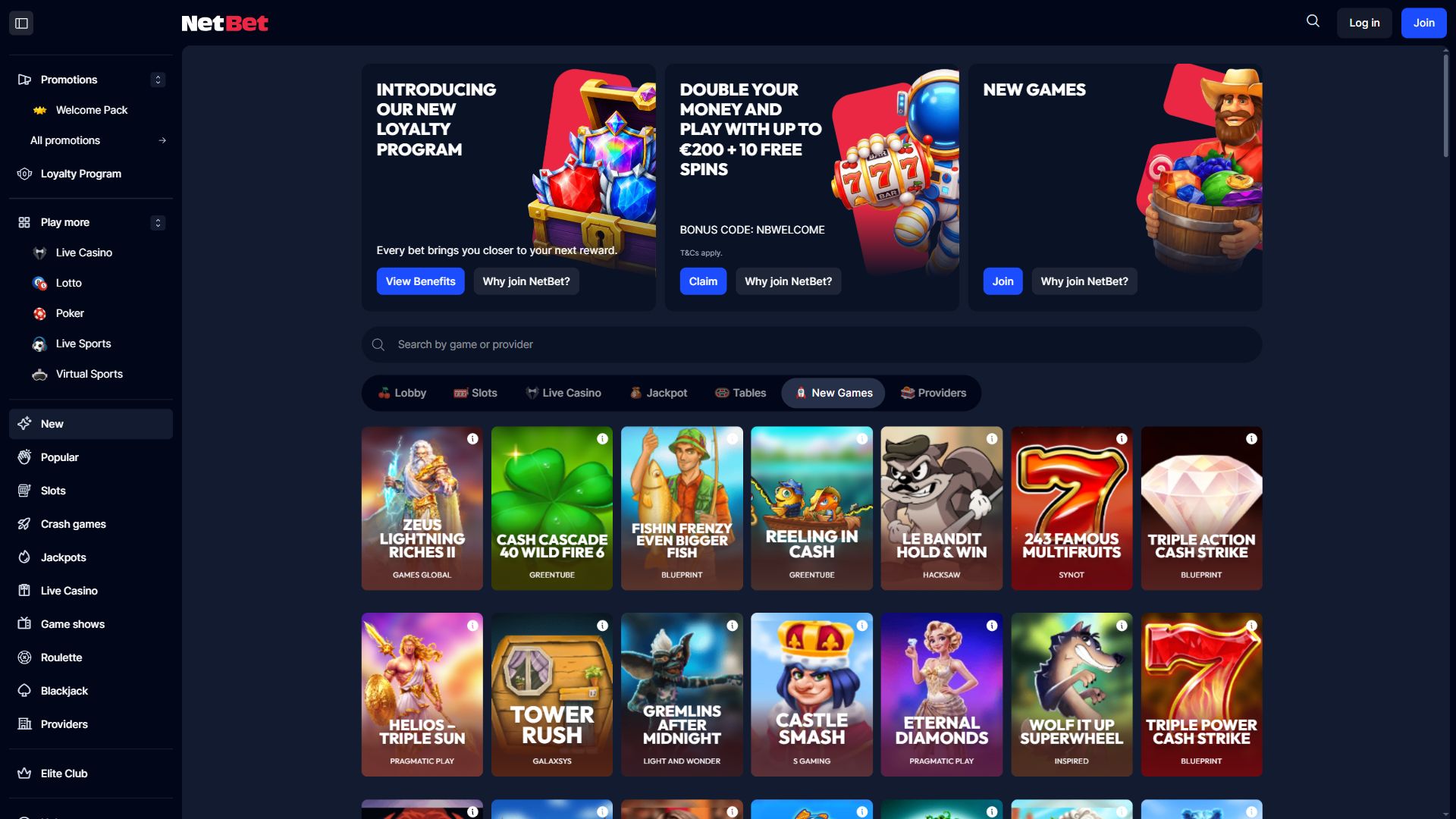 NetBet — Lobby (Desktop)
