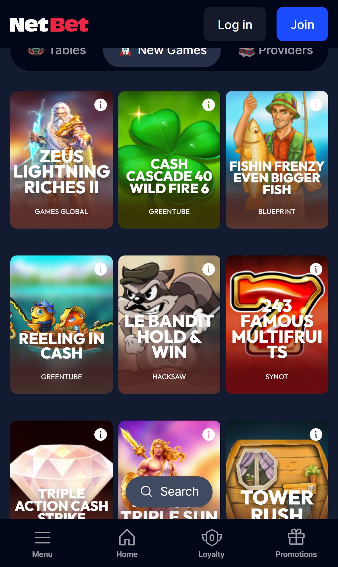 NetBet — Lobby (Mobile)