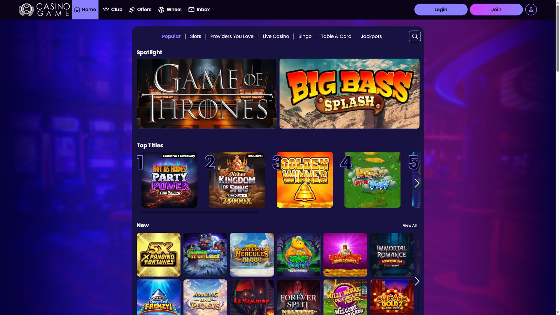 Casino Game — Lobby (Desktop)