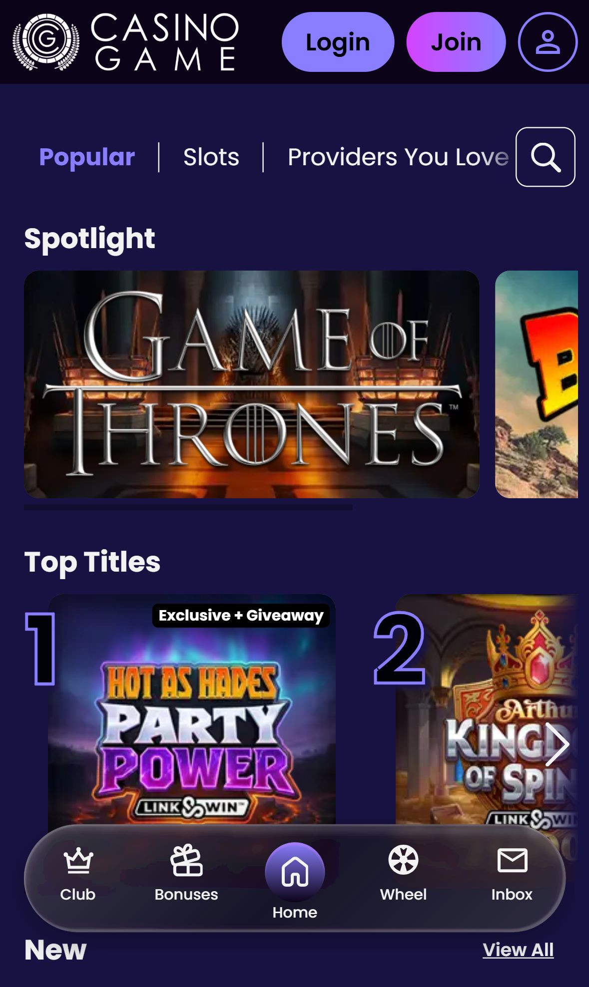 Casino Game — Lobby (Mobile)