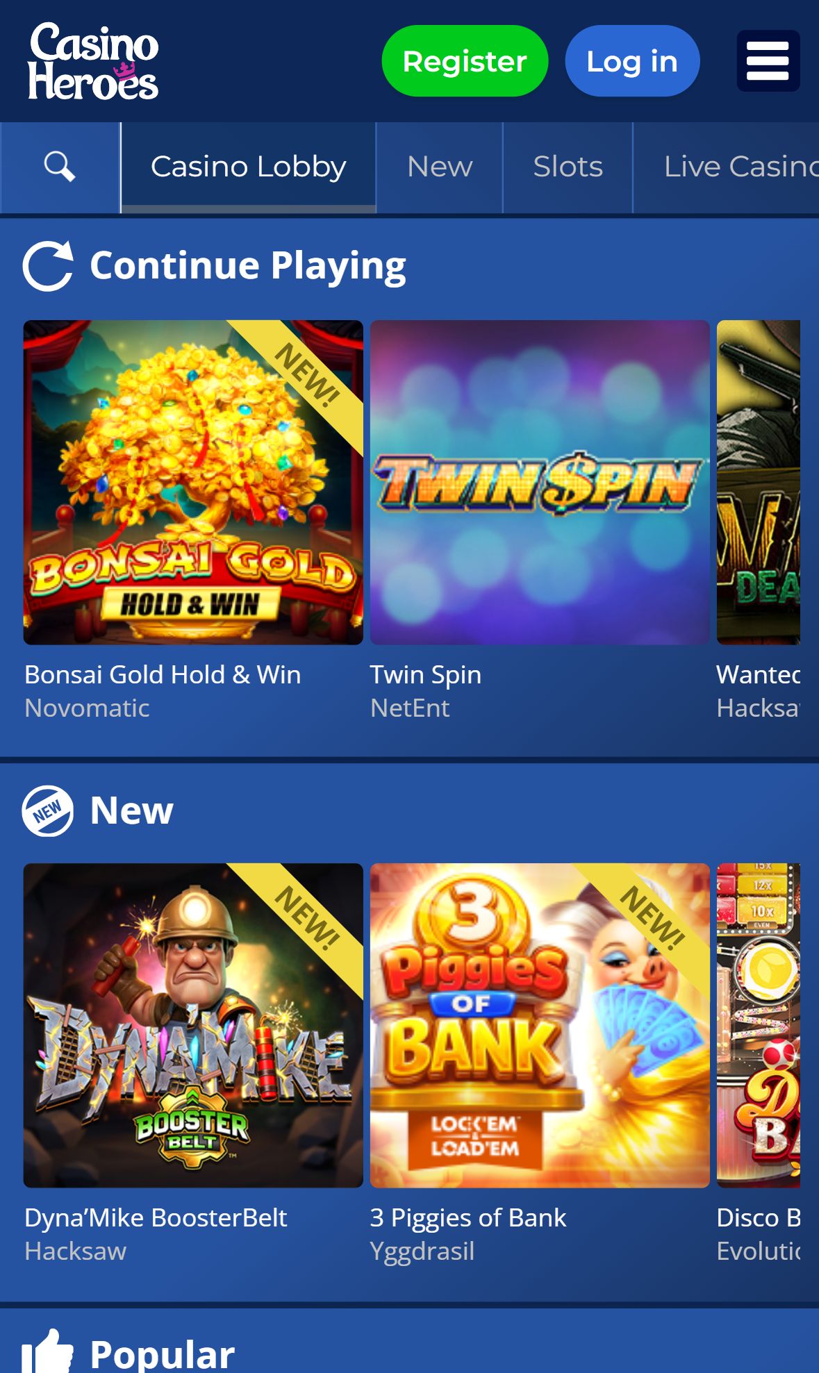 Casino Heroes — Lobby (Mobile)