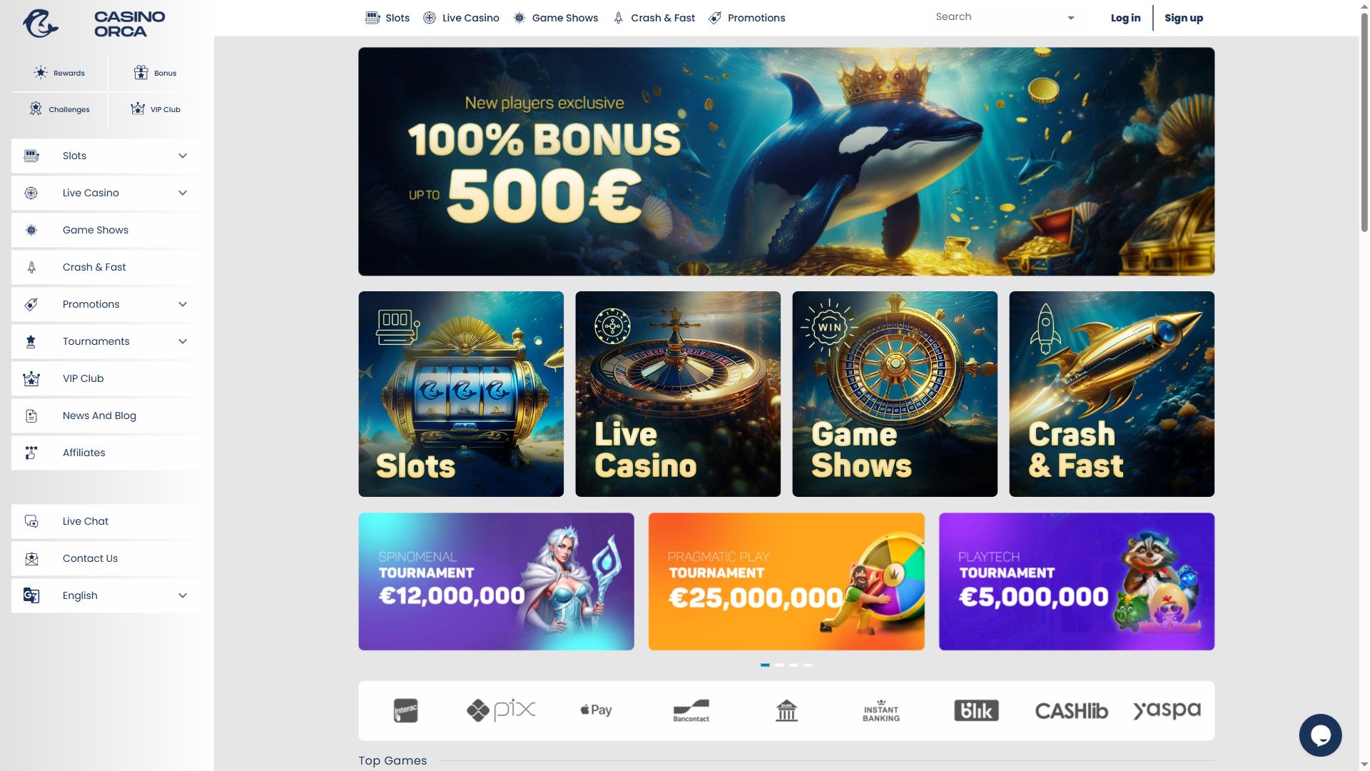Casino Orca — Homepage (Desktop)