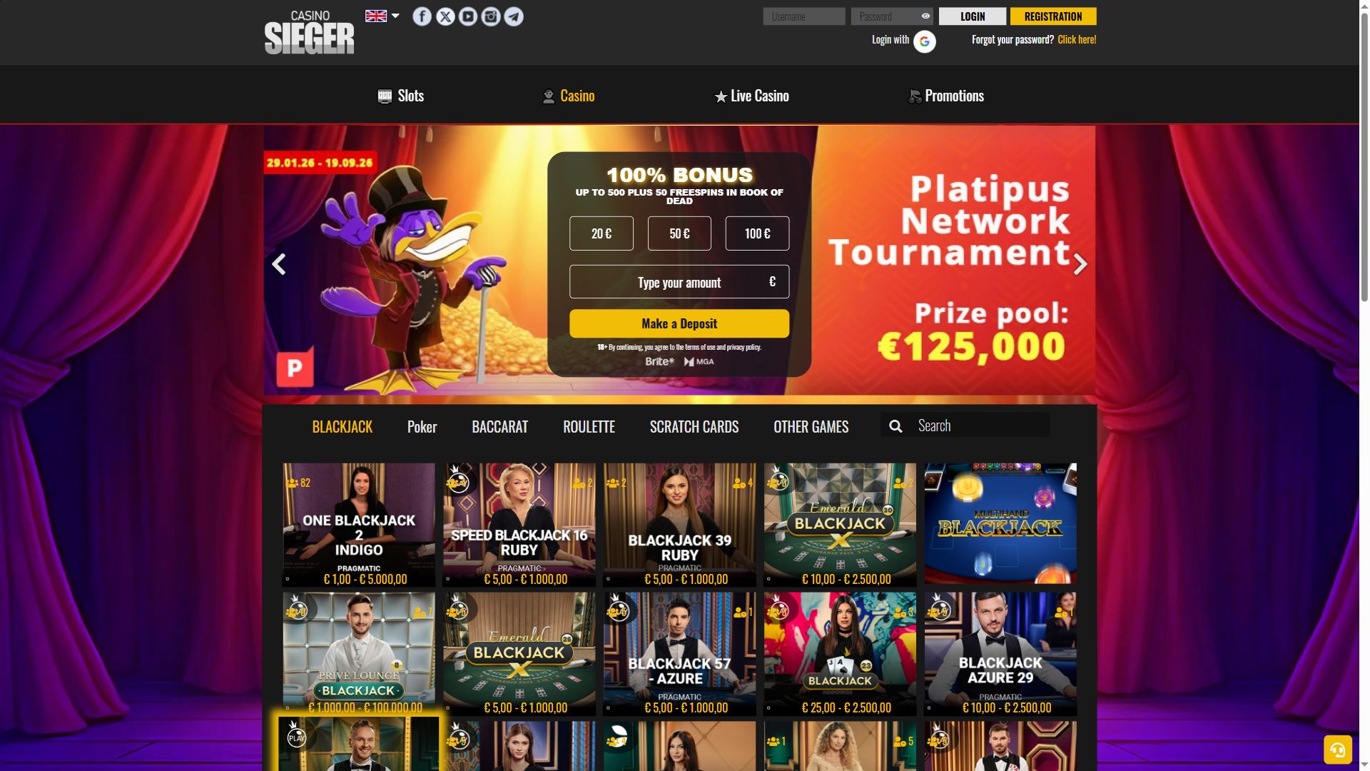 Casino Sieger — Lobby (Desktop)