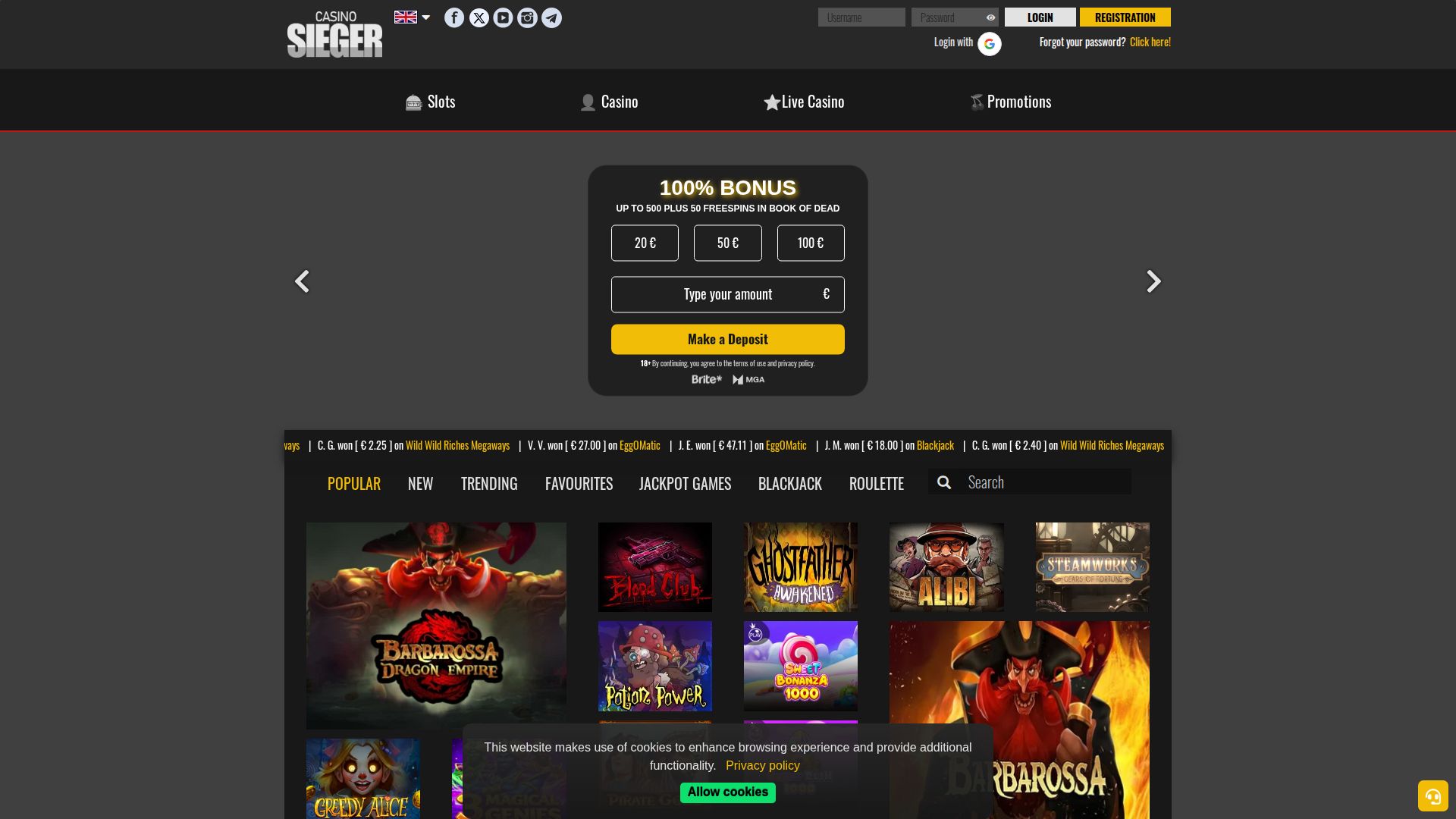 Casino Sieger — Startseite (Desktop)