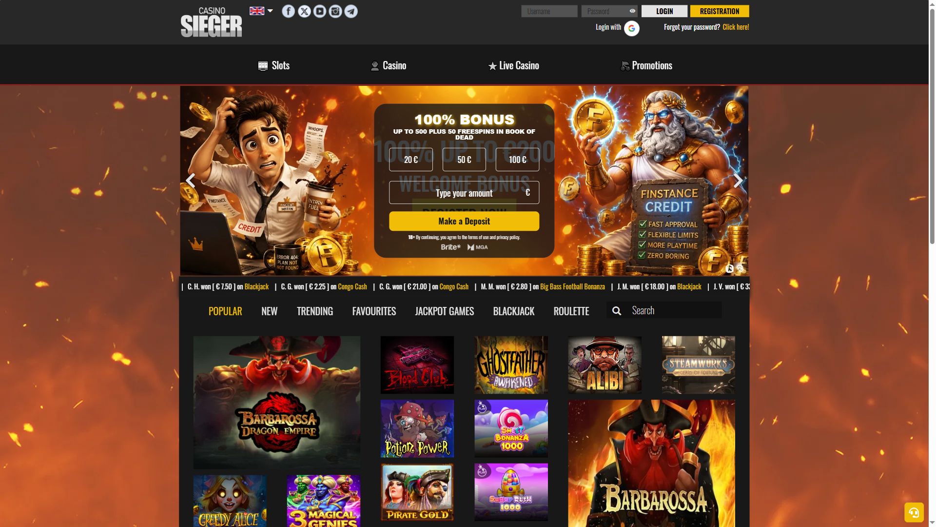 Casino Sieger — Homepage (Desktop)