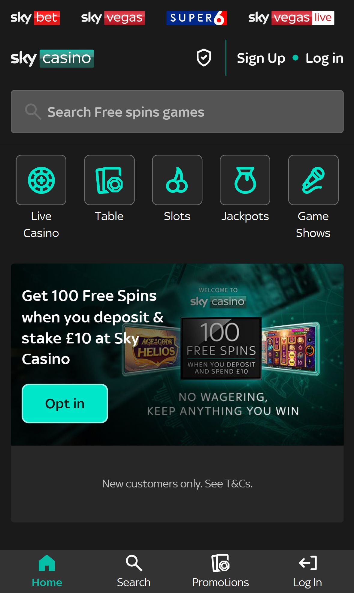 Sky Casino — Homepage (Mobile)